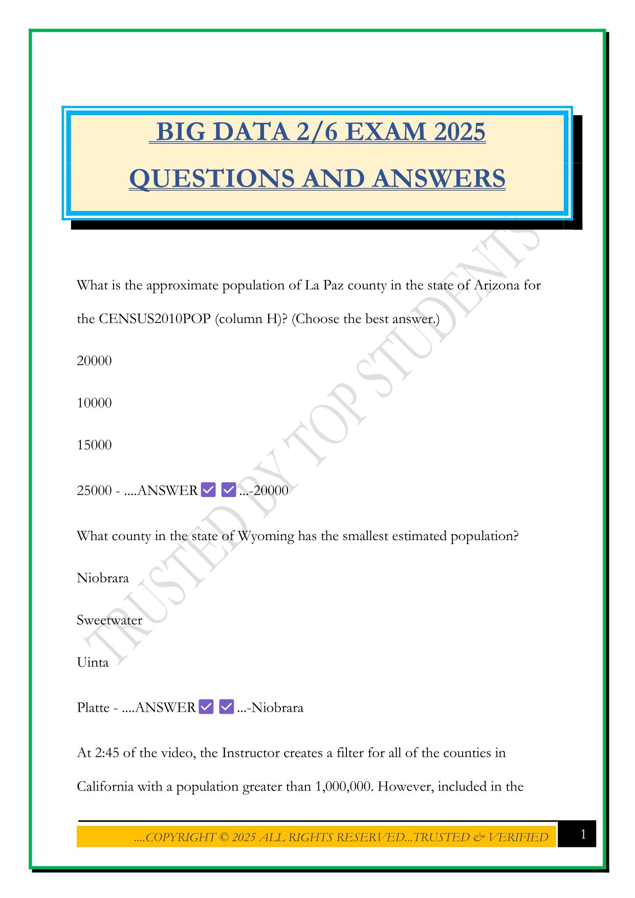 BIG DATA 2/6 EXAM 2025 QUESTIONS AND ANSWERS