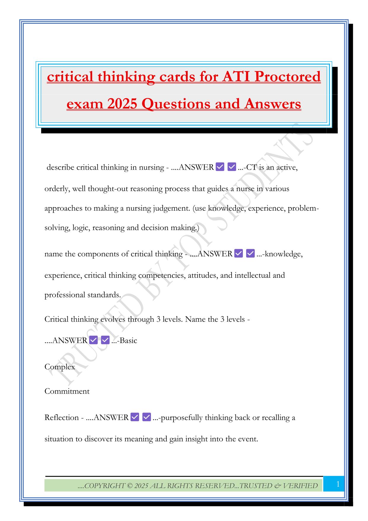 critical thinking cards for ATI Proctored exam 2025 Questions and Answers