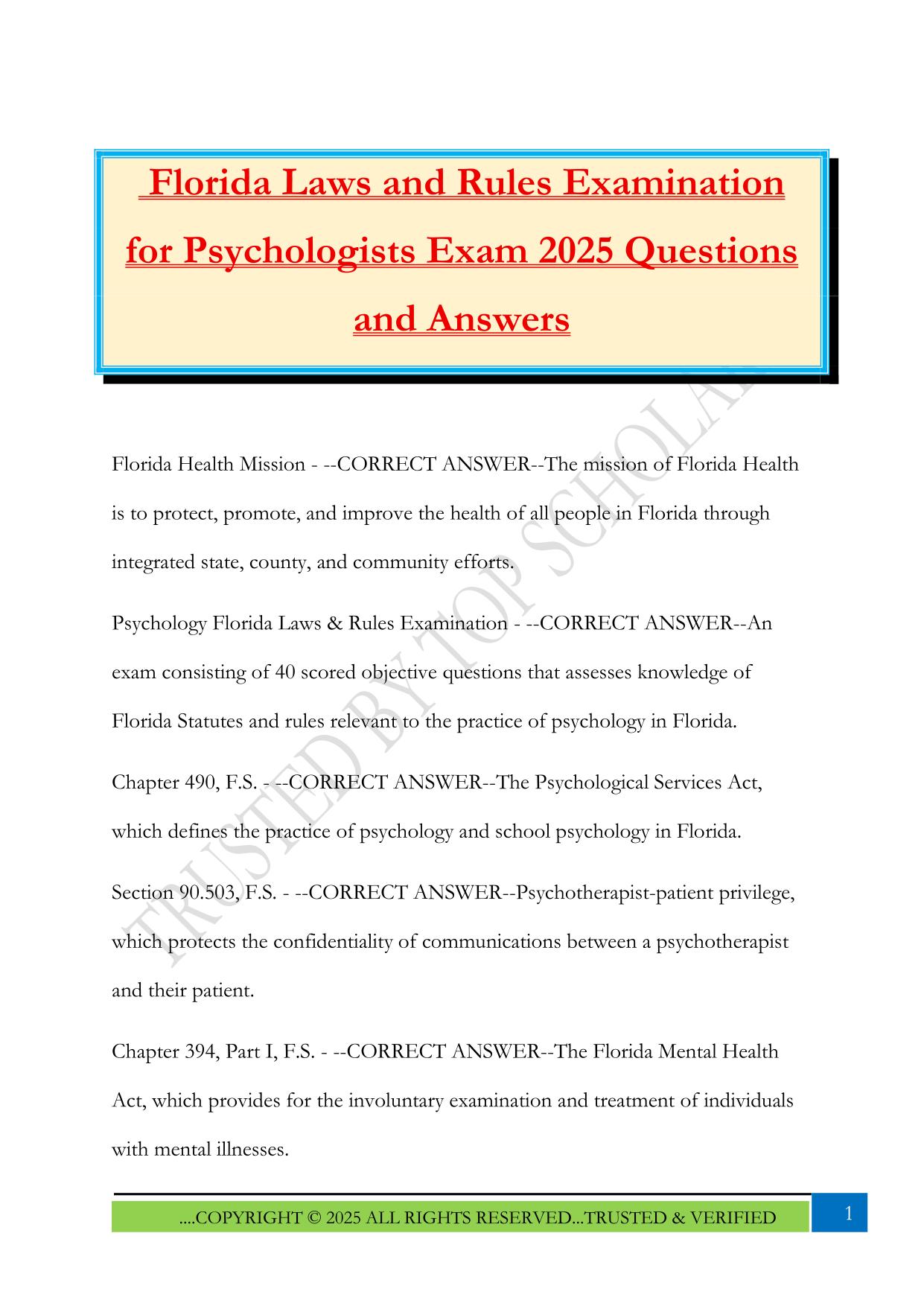 Florida Laws and Rules Examination for Psychologists Exam 2025 Questions and Answers