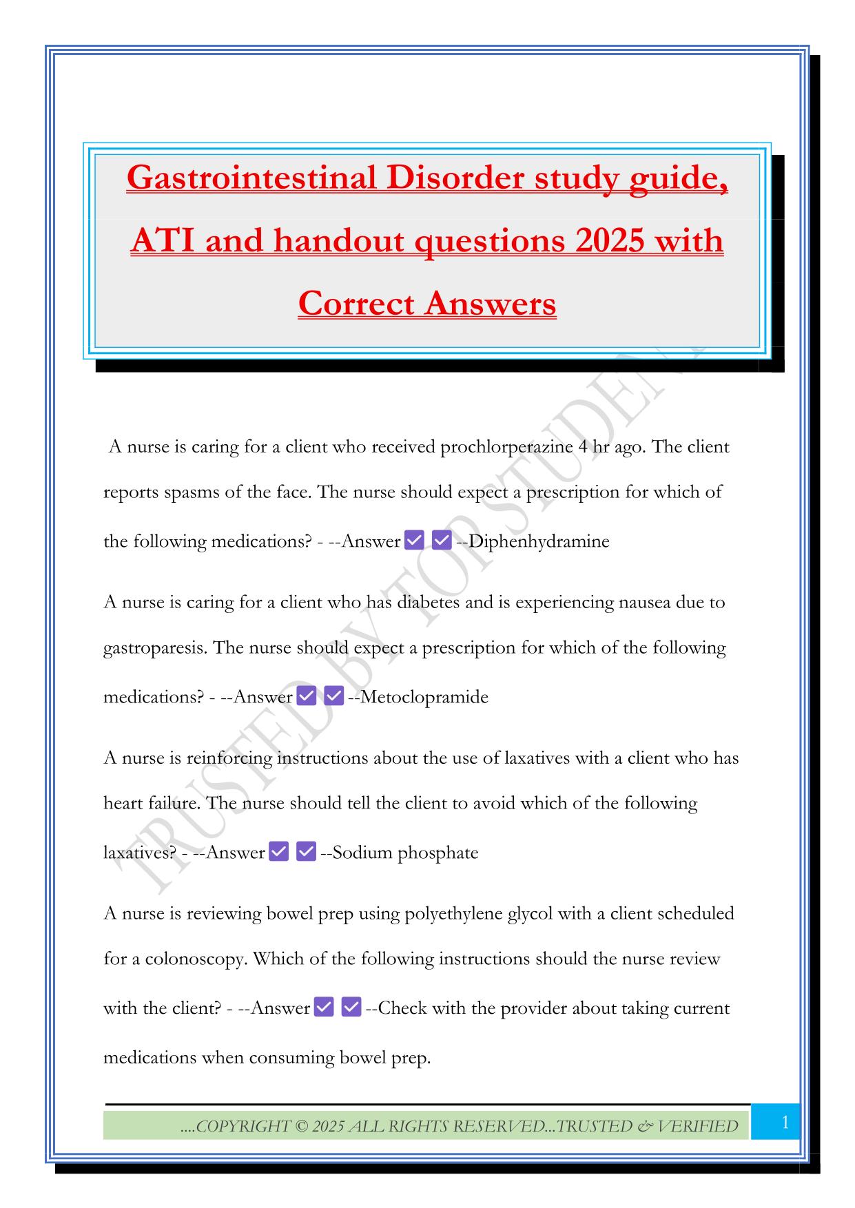 Gastrointestinal Disorder study guide, ATI and handout questions 2025 with Correct Answers