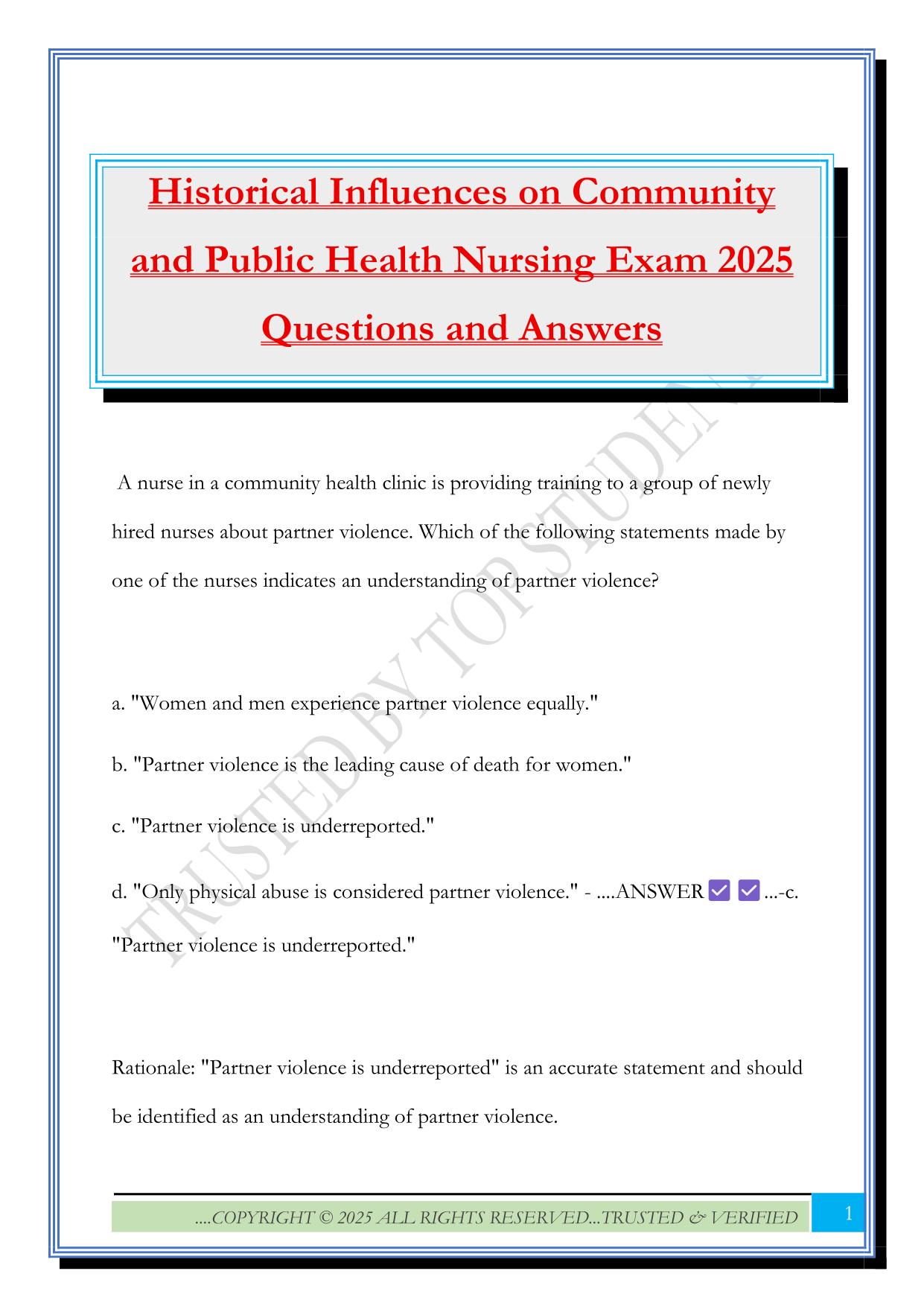Historical Influences on Community and Public Health Nursing Exam 2025 Questions and Answers