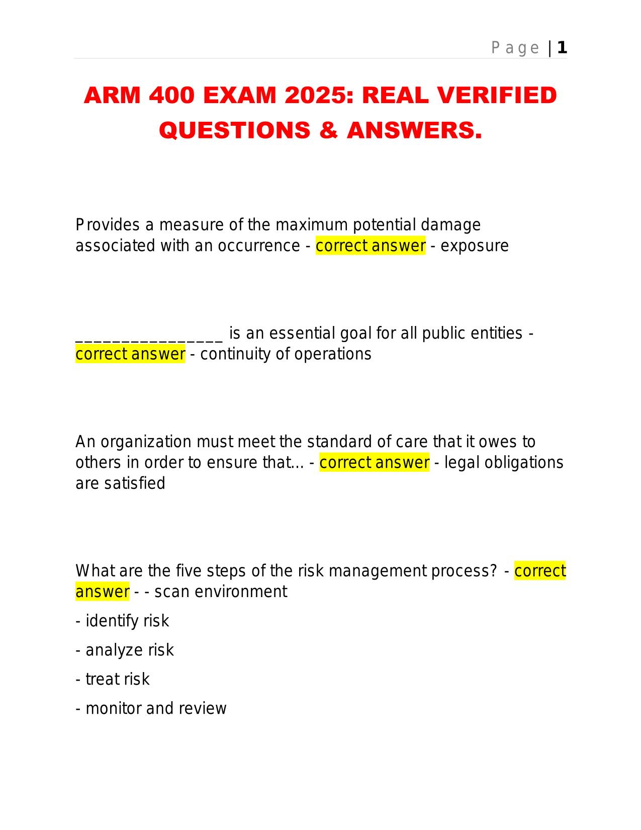 ARM 400 EXAM 2025: REAL VERIFIED QUESTIONS & ANSWERS.