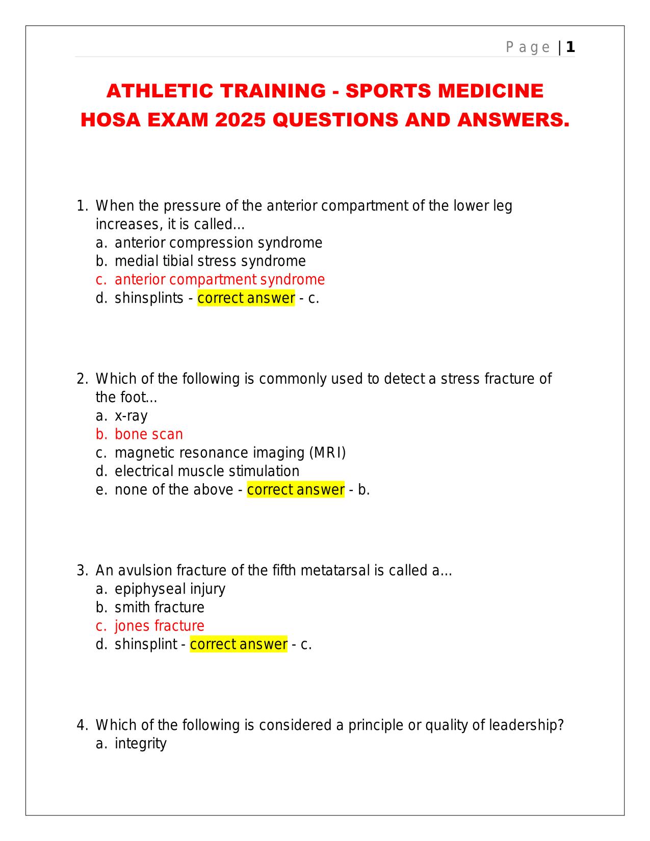 ATHLETIC TRAINING - SPORTS MEDICINE HOSA EXAM 2025 QUESTIONS AND ANSWERS.
