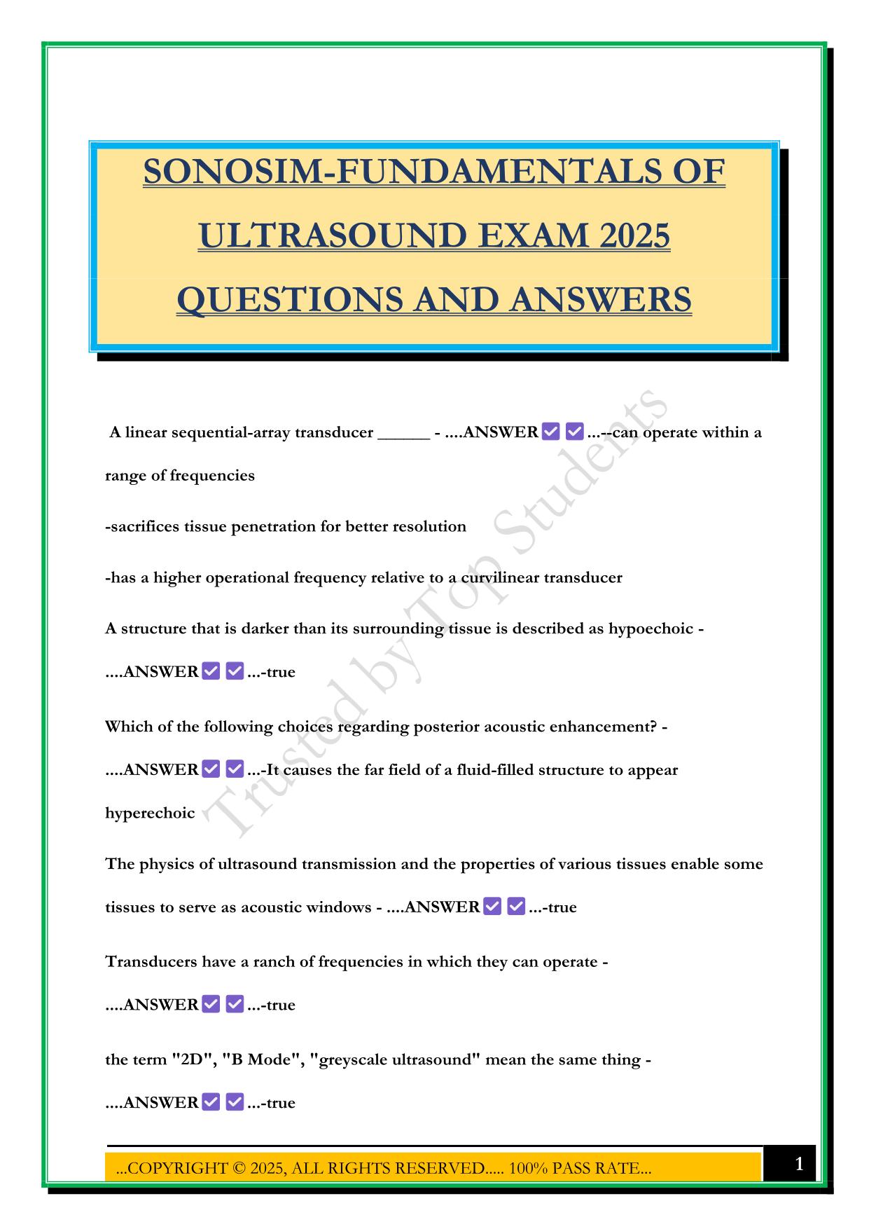 SONOSIM-FUNDAMENTALS OF ULTRASOUND EXAM 2025 QUESTIONS AND ANSWERS
