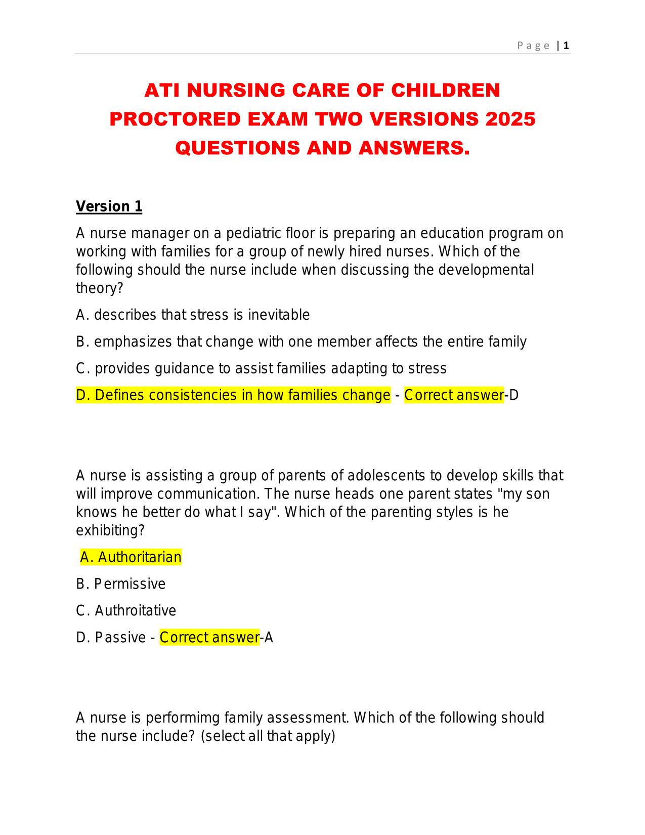 ATI NURSING CARE OF CHILDREN PROCTORED EXAM TWO VERSIONS 2025 QUESTIONS AND ANSWERS.