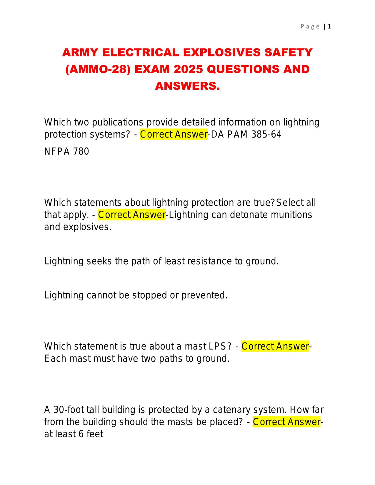 ARMY ELECTRICAL EXPLOSIVES SAFETY (AMMO-28) EXAM 2025 QUESTIONS AND ANSWERS.