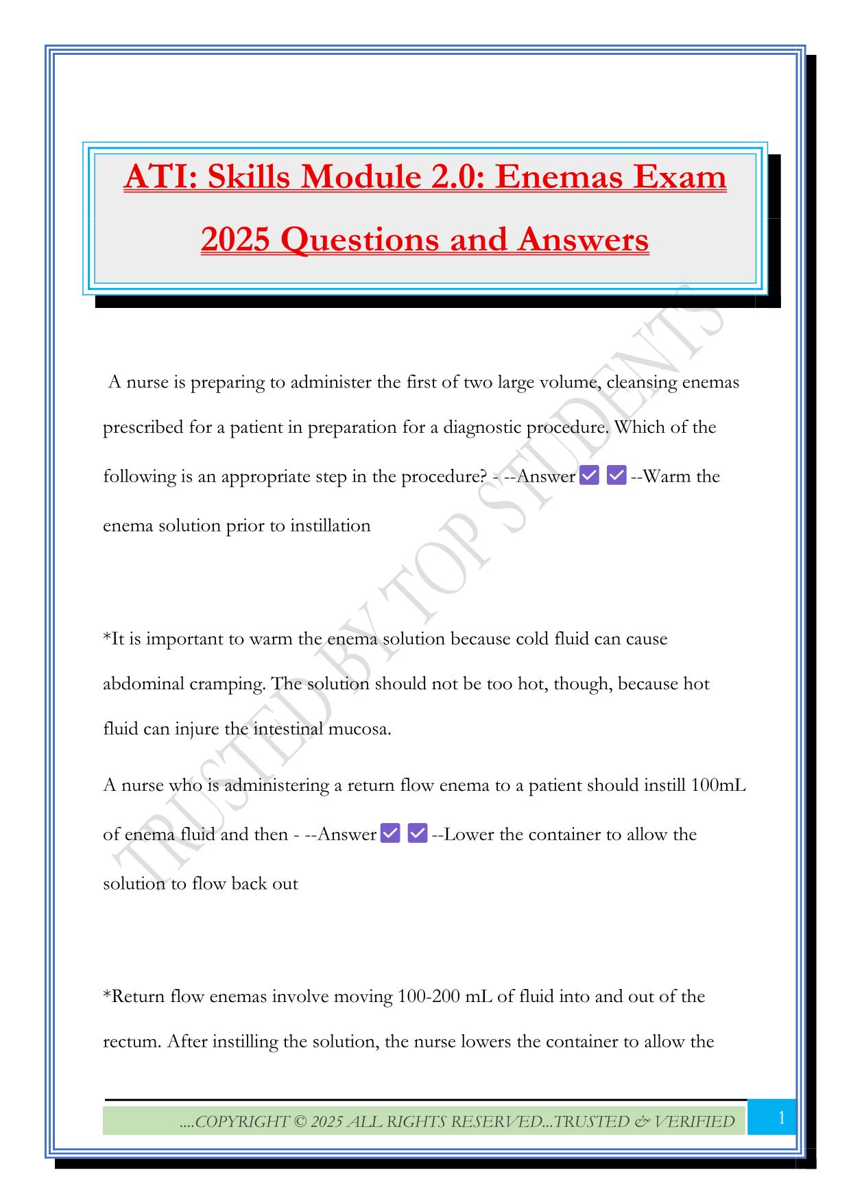 ATI: Skills Module 2.0: Enemas Exam 2025 Questions and Answers