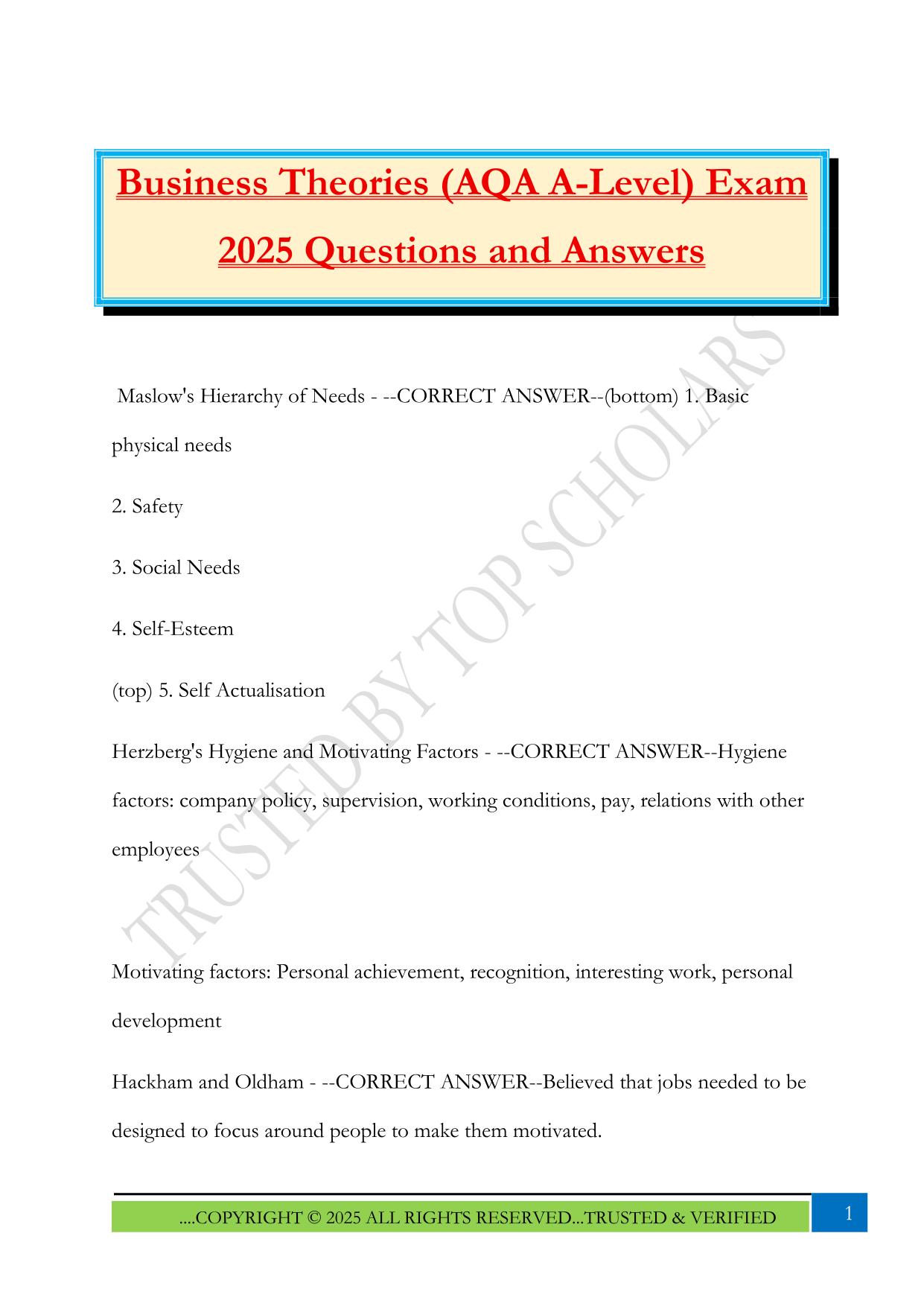 Business Theories (AQA A-Level) Exam 2025 Questions and Answers