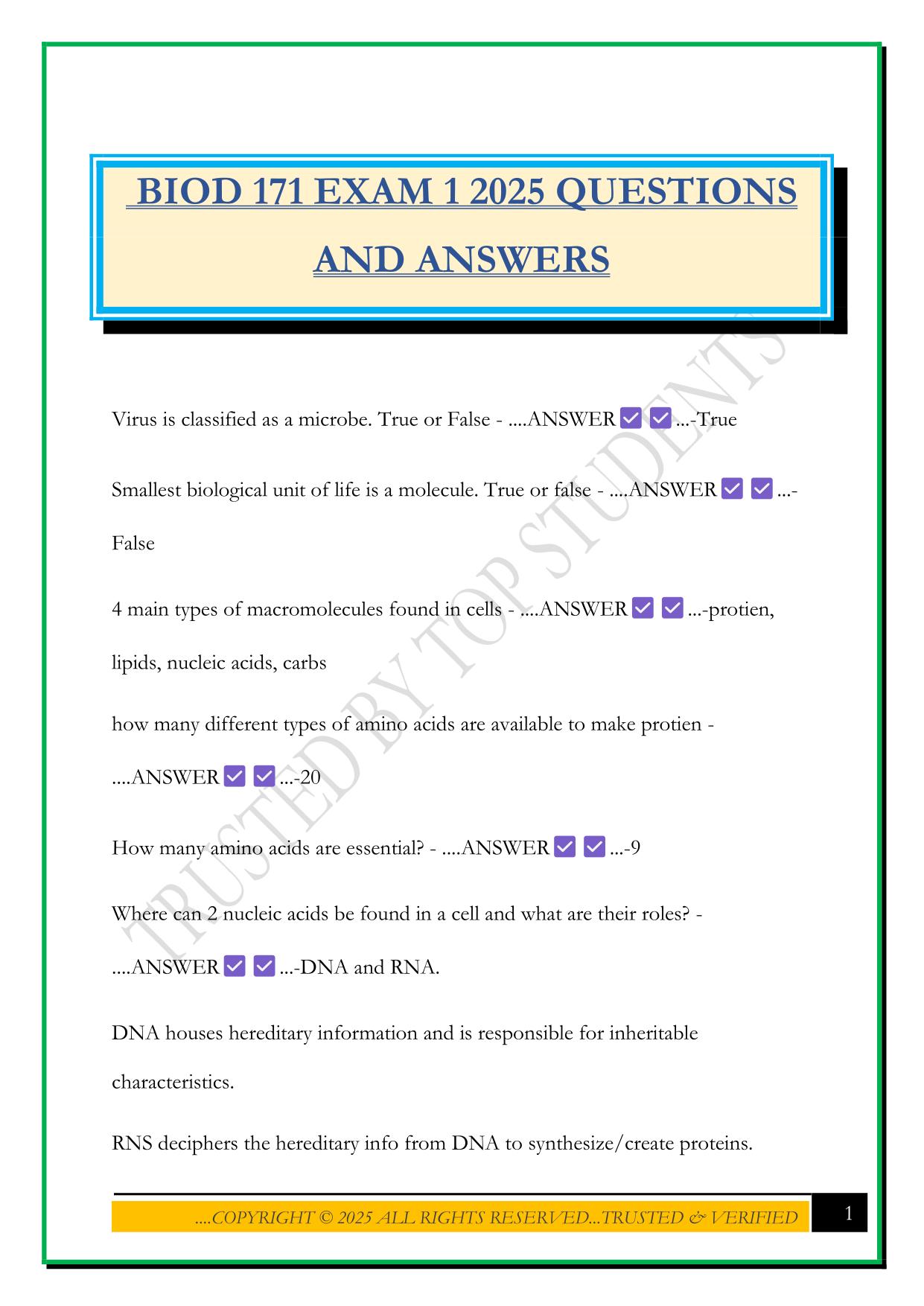 PORTAGE LEARNING BIOD 171 Bundled Exams Questions and Answers 100% Pass|Updated and Verified
