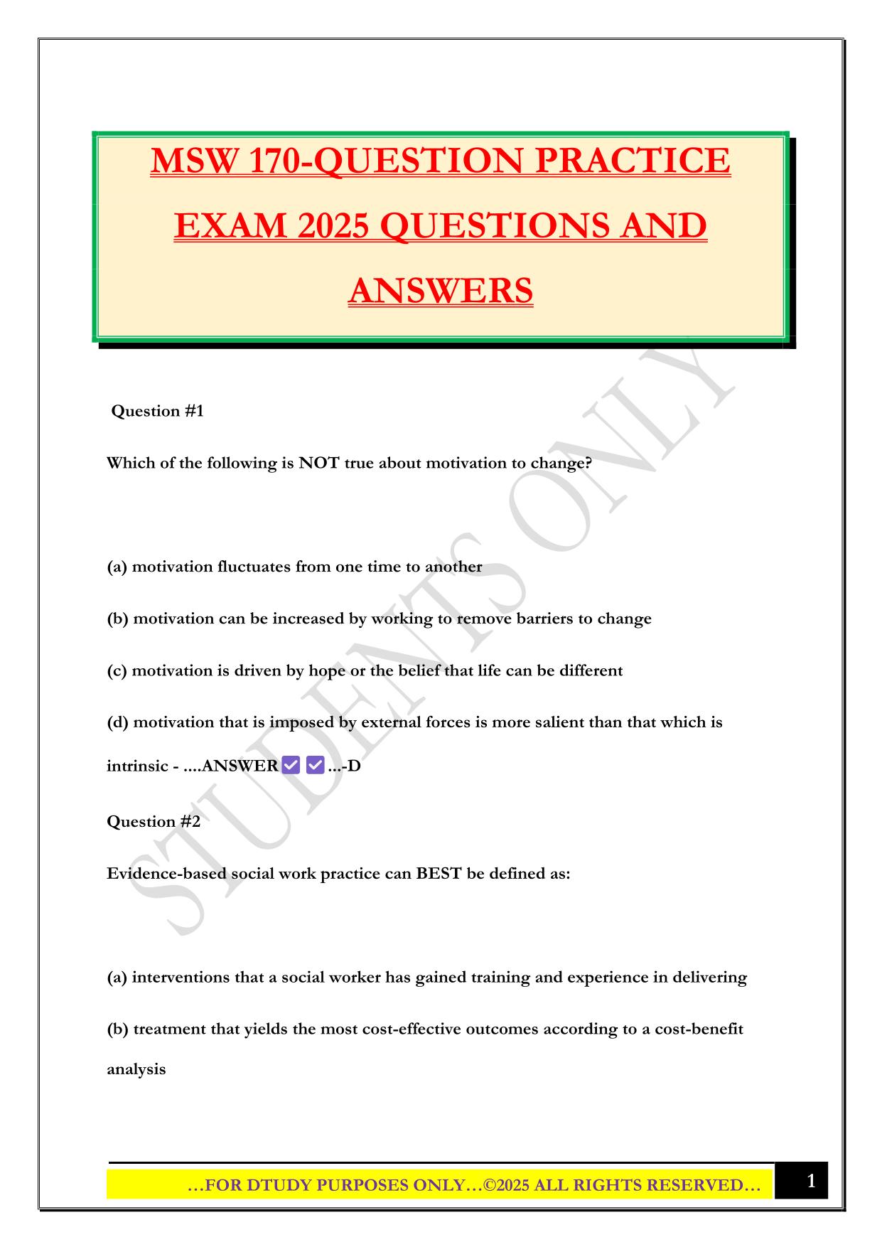 MSW 170-QUESTION PRACTICE EXAM 2025 QUESTIONS AND ANSWERS