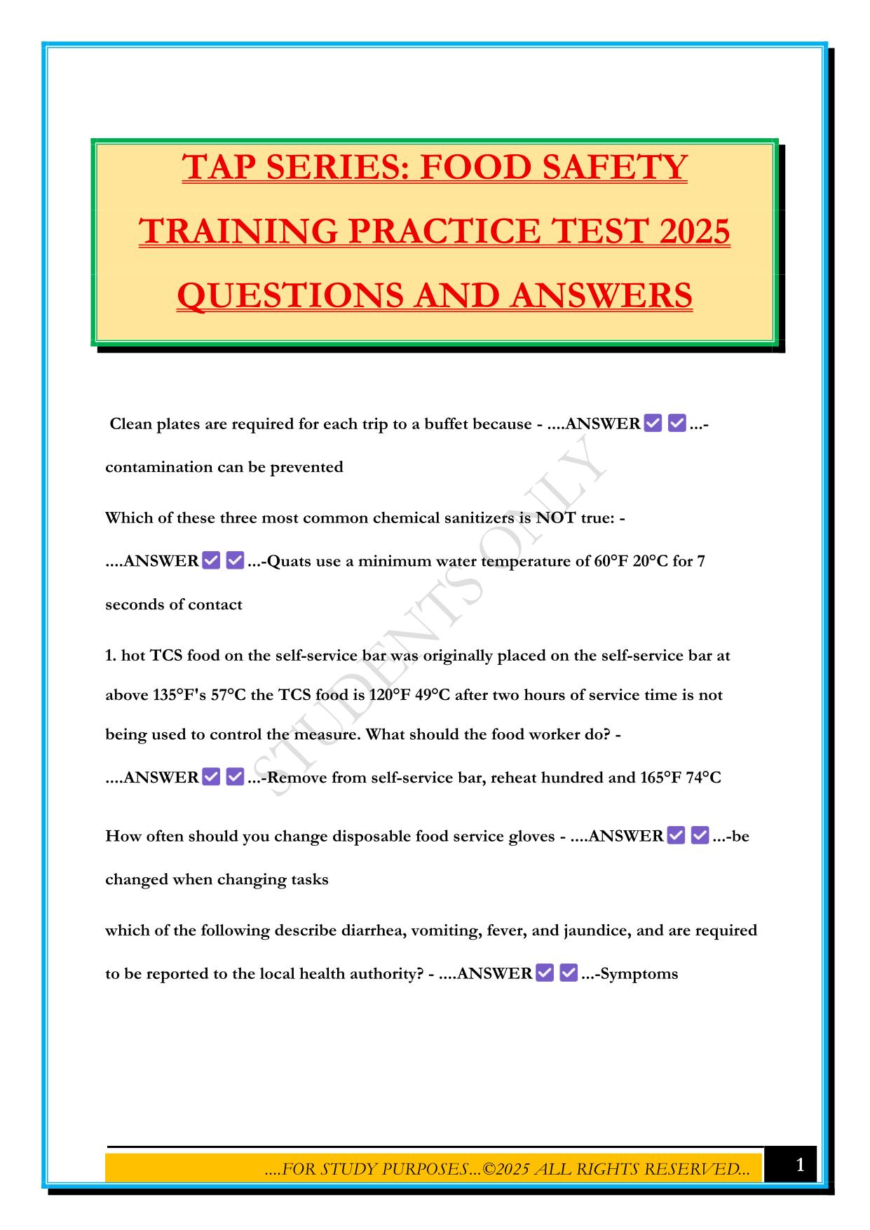 TAP SERIES: FOOD SAFETY TRAINING PRACTICE TEST 2025 QUESTIONS AND ANSWERS