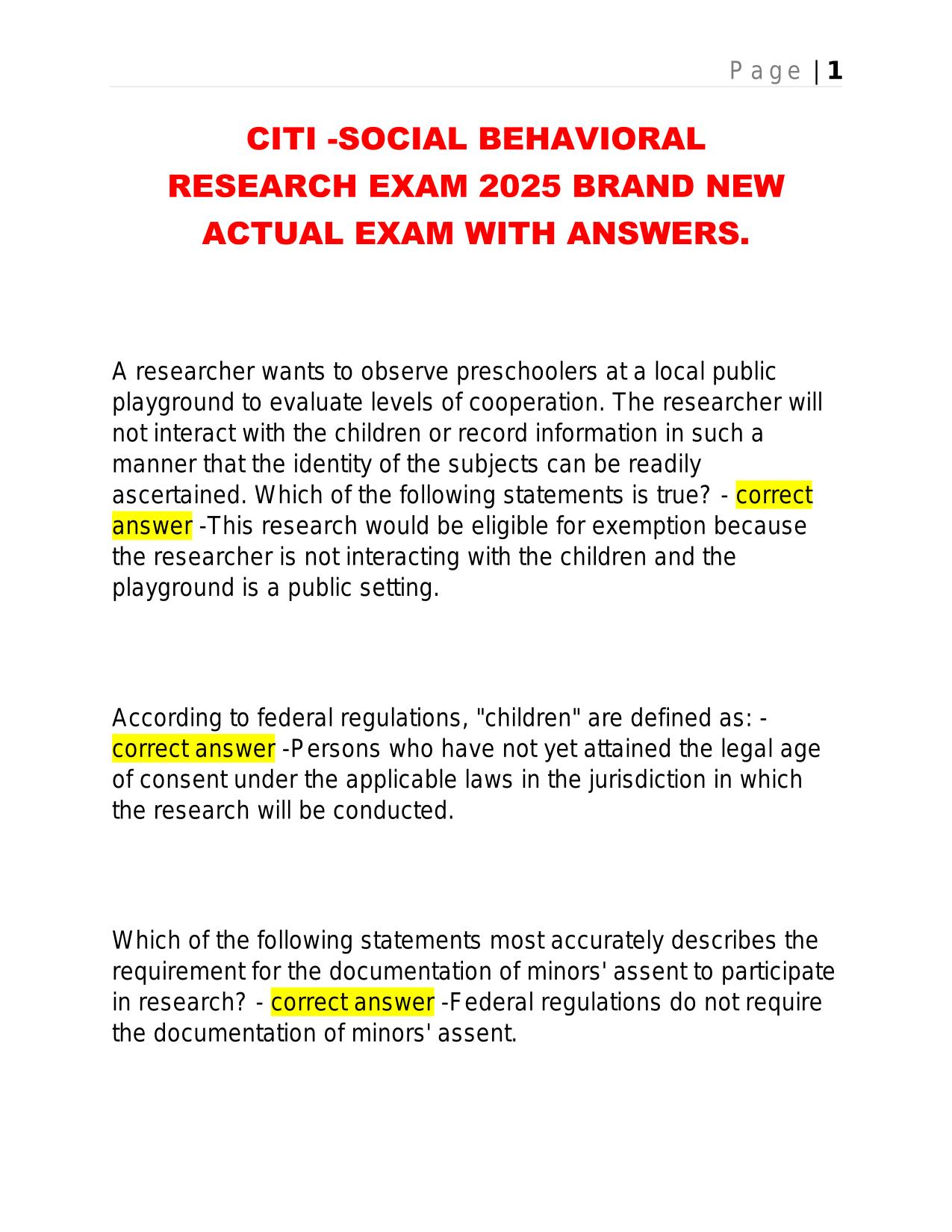 CITI -SOCIAL BEHAVIORAL RESEARCH EXAM 2025 BRAND NEW ACTUAL EXAM WITH ANSWERS.