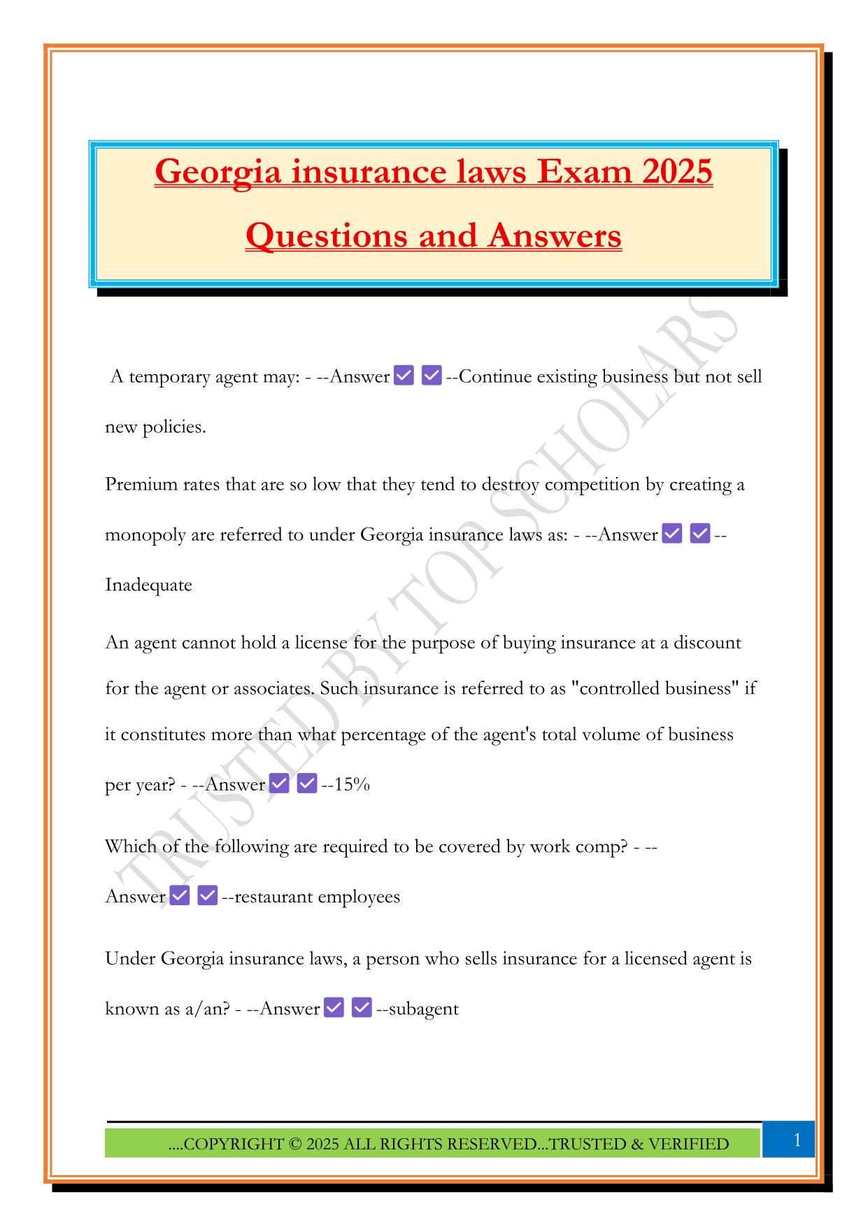 Georgia insurance laws Exam 2025 Questions and Answers
