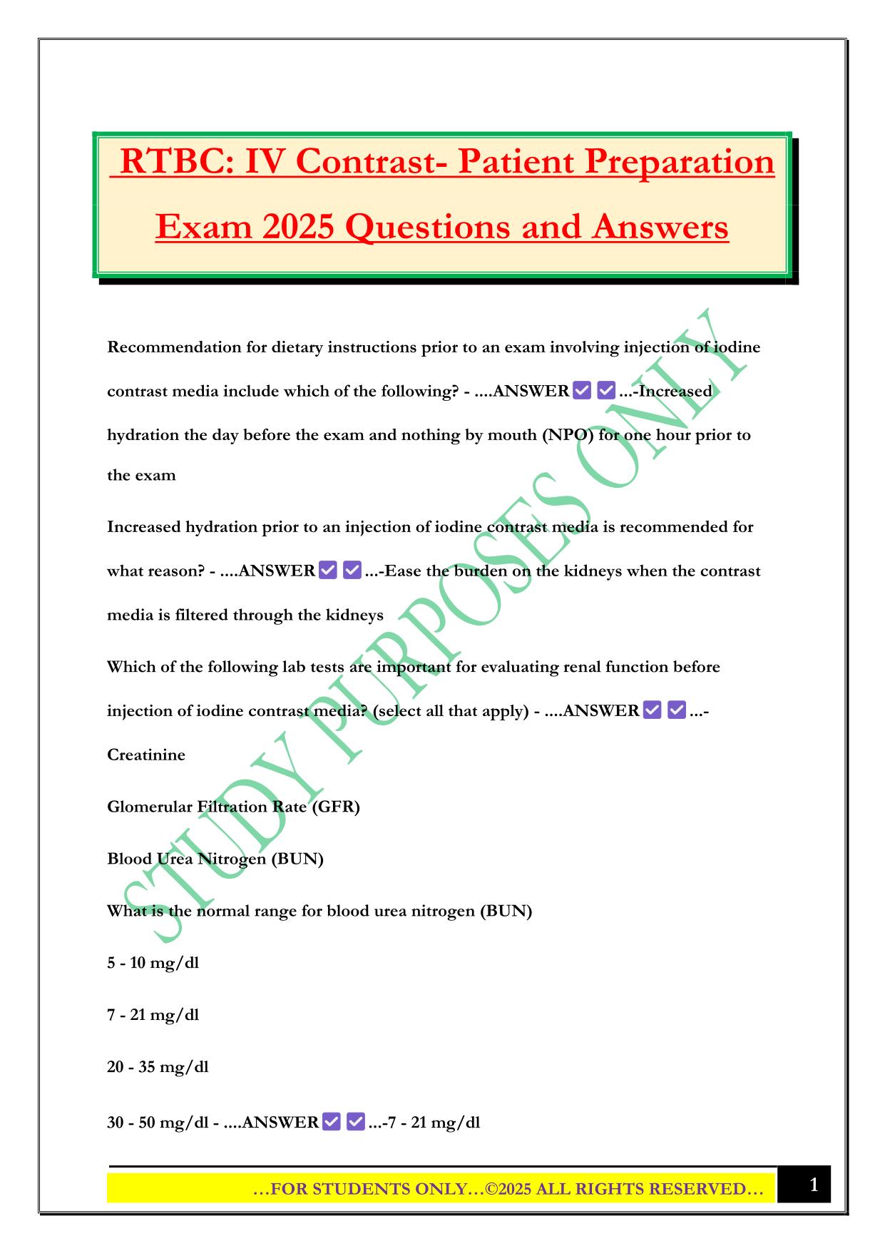 RTBC: IV Contrast- Patient Preparation Exam 2025 Questions and Answers