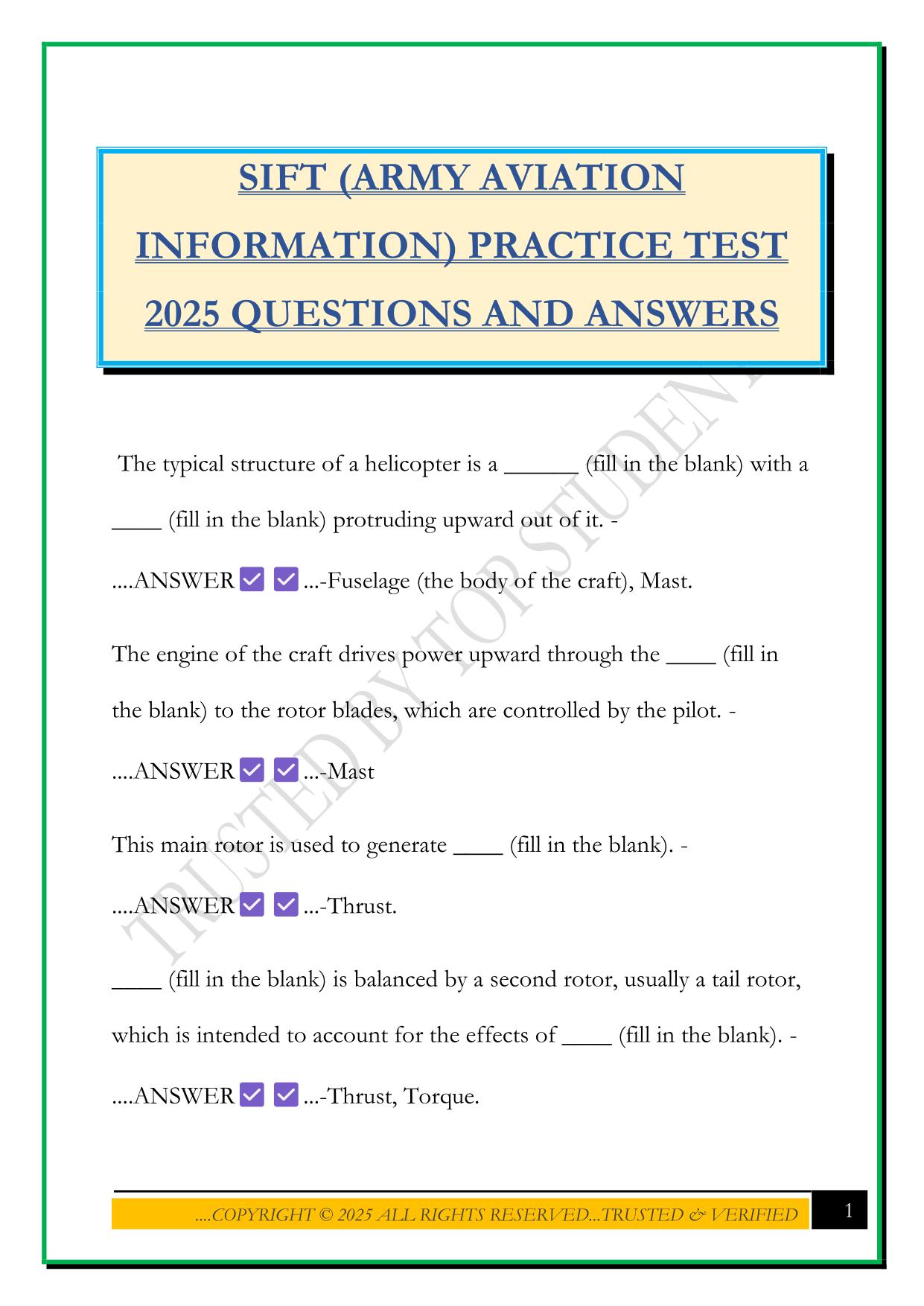 SIFT (ARMY AVIATION INFORMATION) PRACTICE TEST 2025 QUESTIONS AND ANSWERS