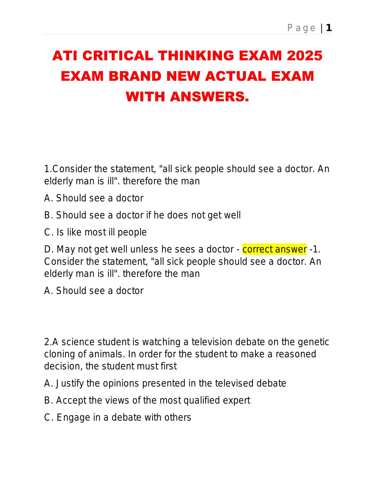 ATI CRITICAL THINKING EXAM 2025 EXAM BRAND NEW ACTUAL EXAM WITH ANSWERS.