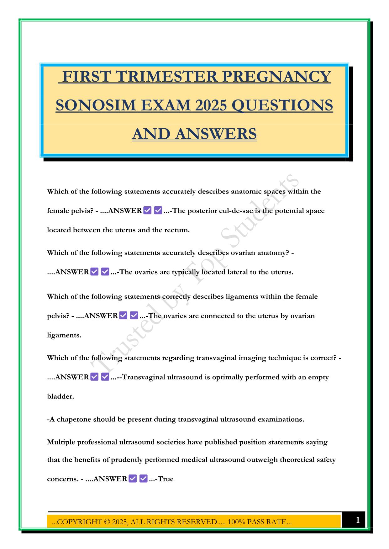 FIRST TRIMESTER PREGNANCY SONOSIM EXAM 2025 QUESTIONS AND ANSWERS