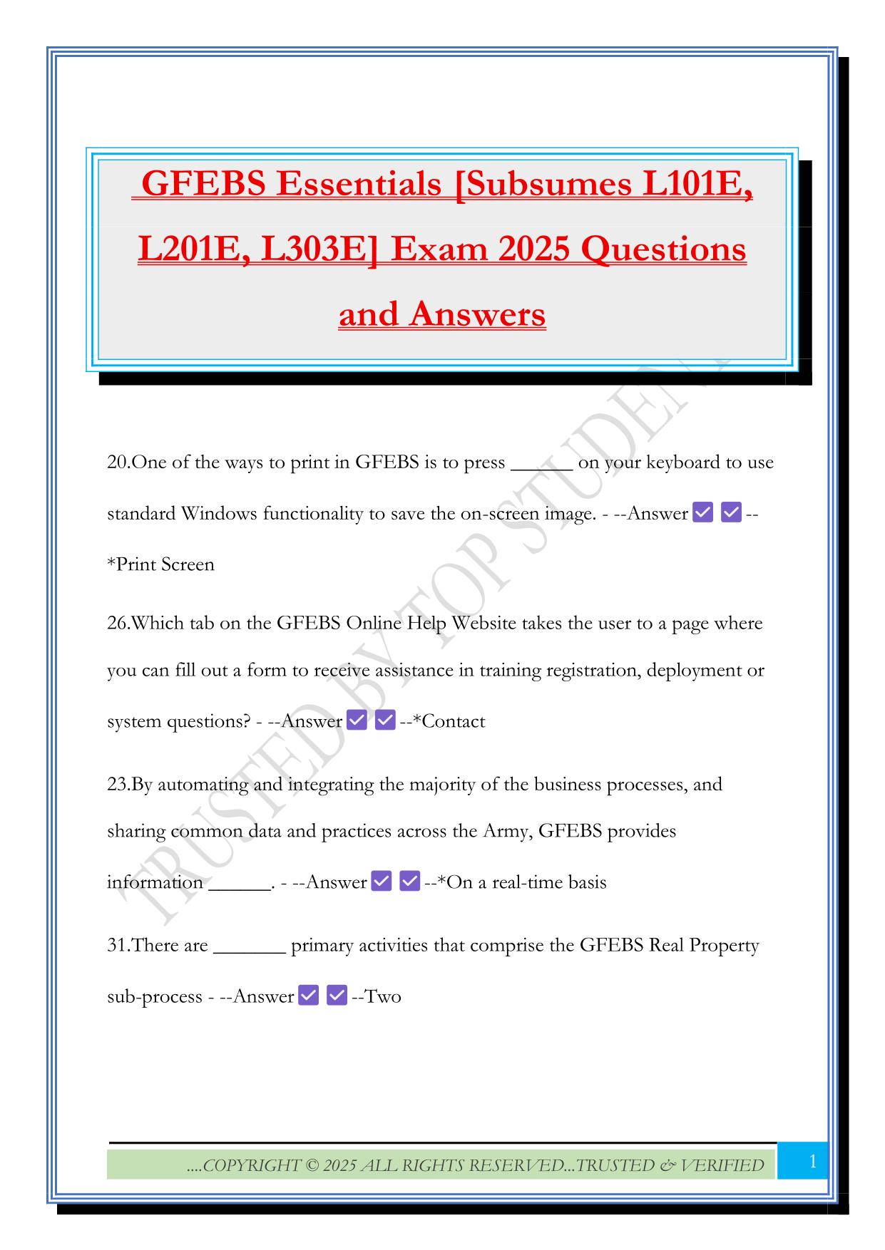 GFEBS Essentials [Subsumes L101E, L201E, L303E] Exam 2025 Questions and Answers