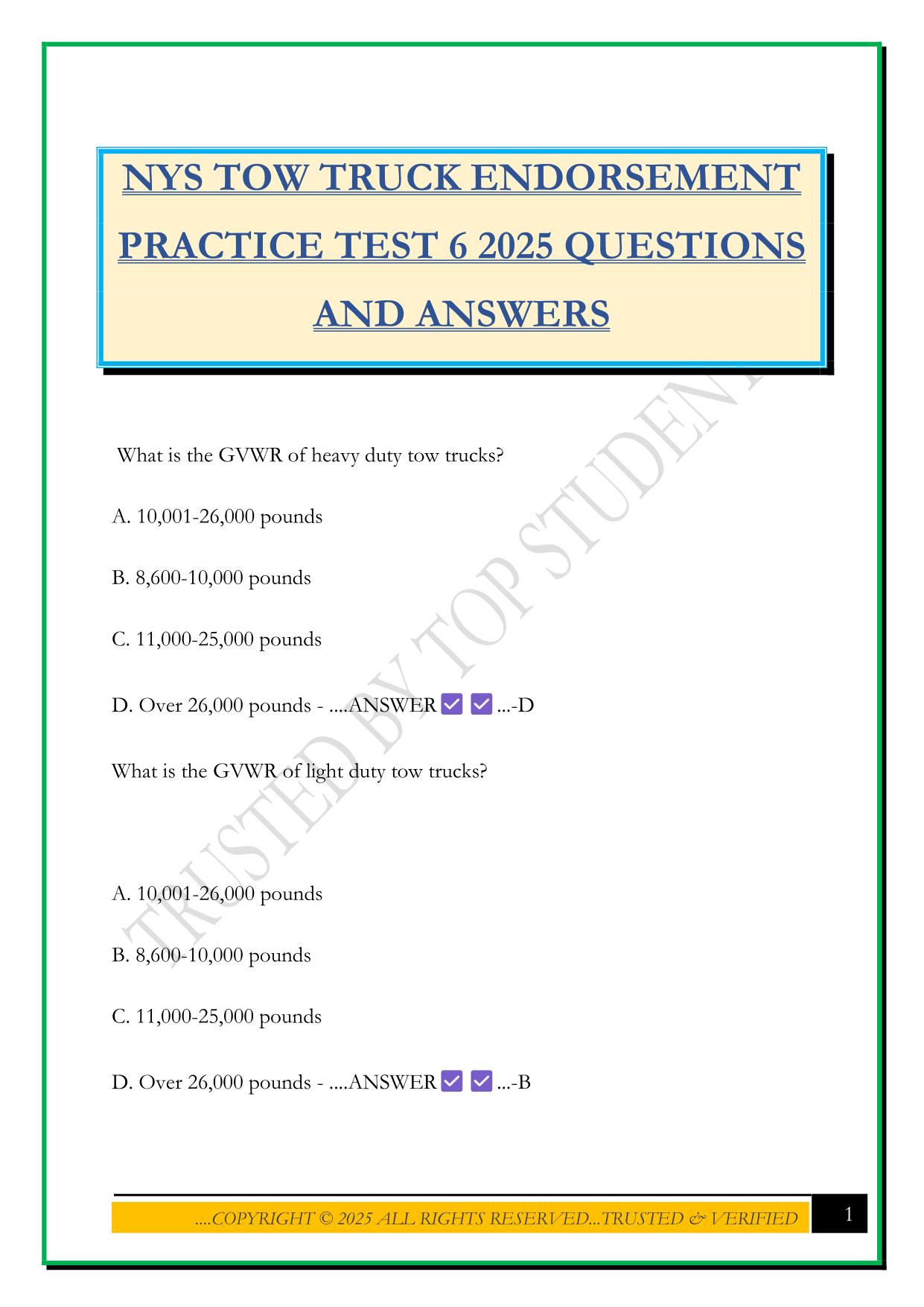 NYS TOW TRUCK ENDORSEMENT PRACTICE TEST 6 2025 QUESTIONS AND ANSWERS