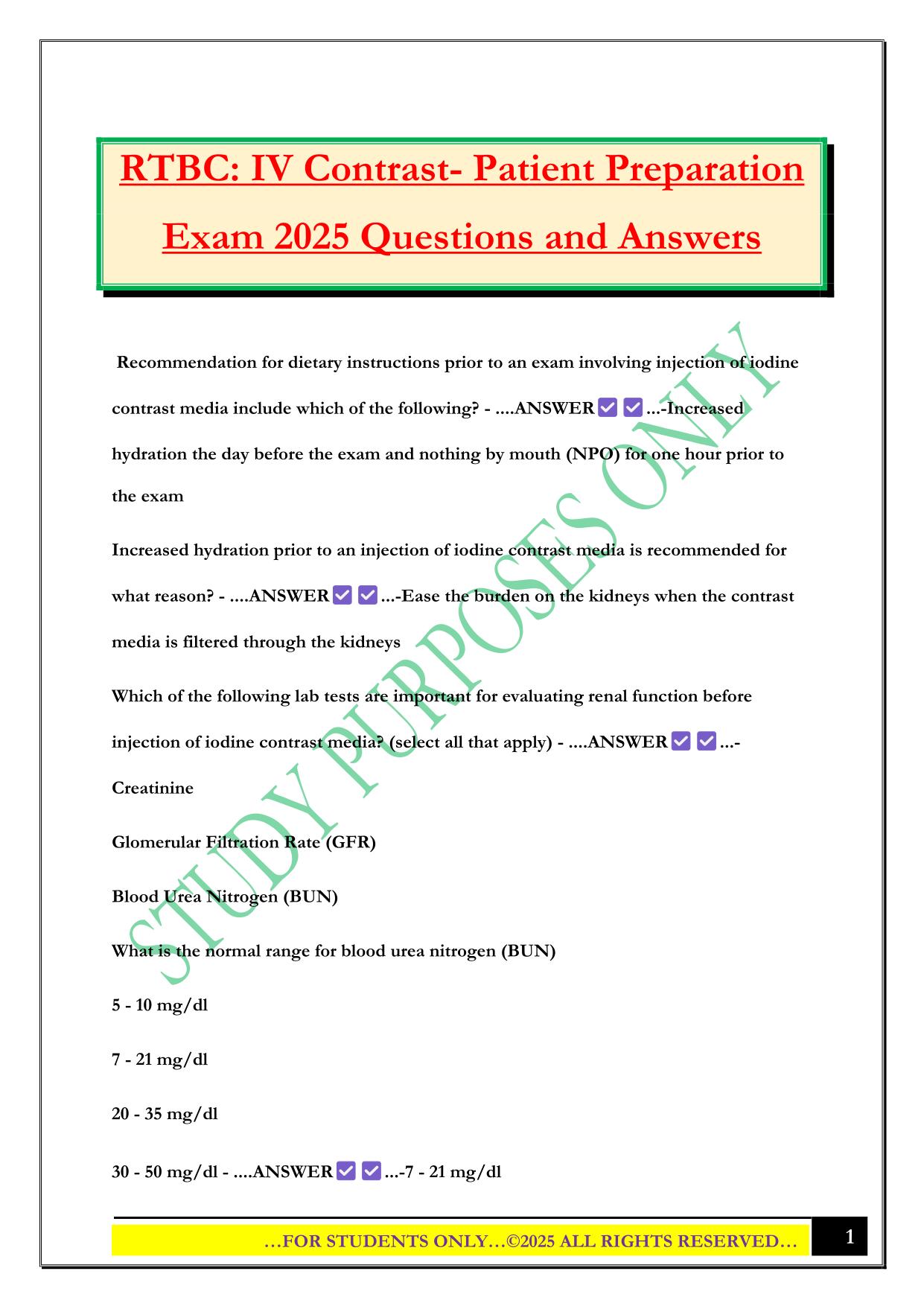 RTBC: IV Contrast- Patient Preparation Exam 2025 Questions and Answers