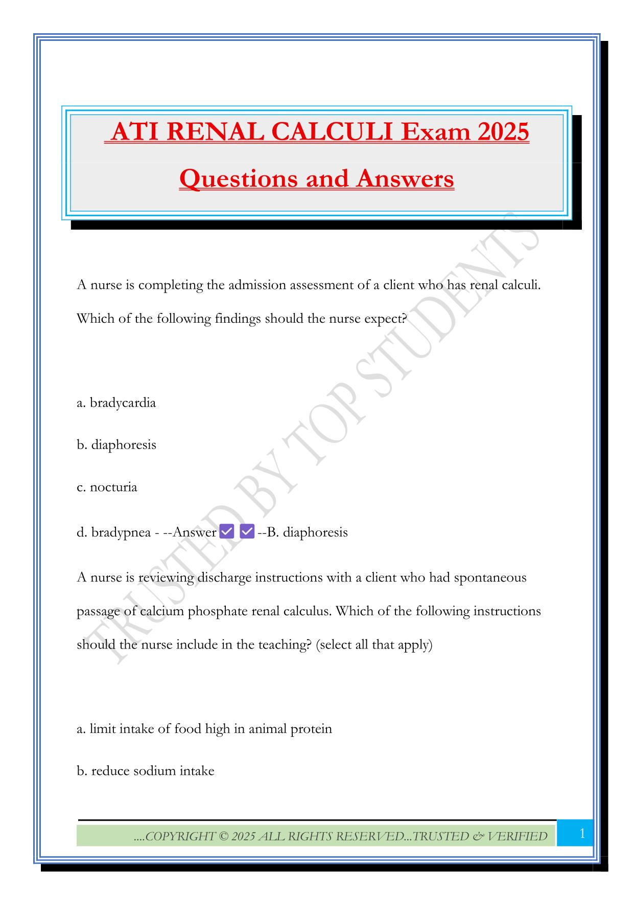 ATI RENAL CALCULI Exam 2025 Questions and Answers