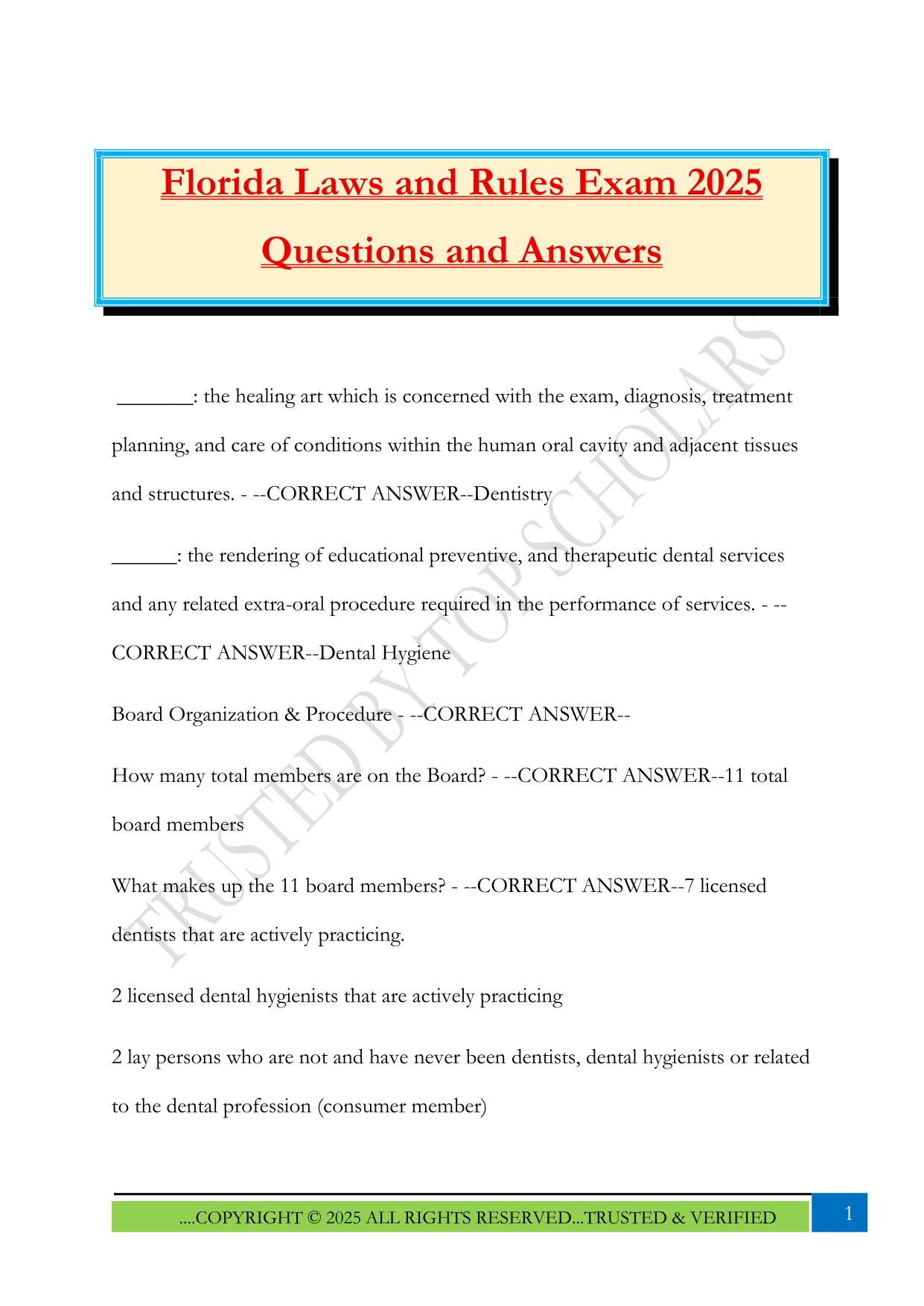 Florida Laws and Rules Exam 2025 Questions and Answers