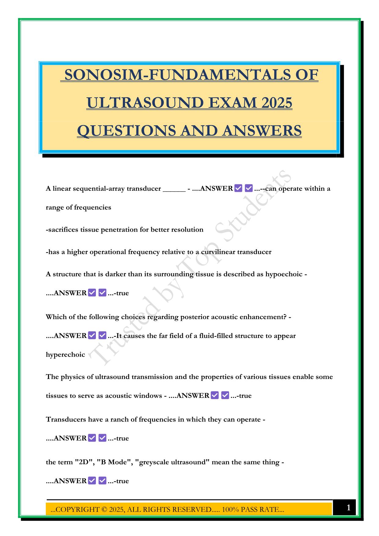 SONOSIM-FUNDAMENTALS OF ULTRASOUND EXAM 2025 QUESTIONS AND ANSWERS