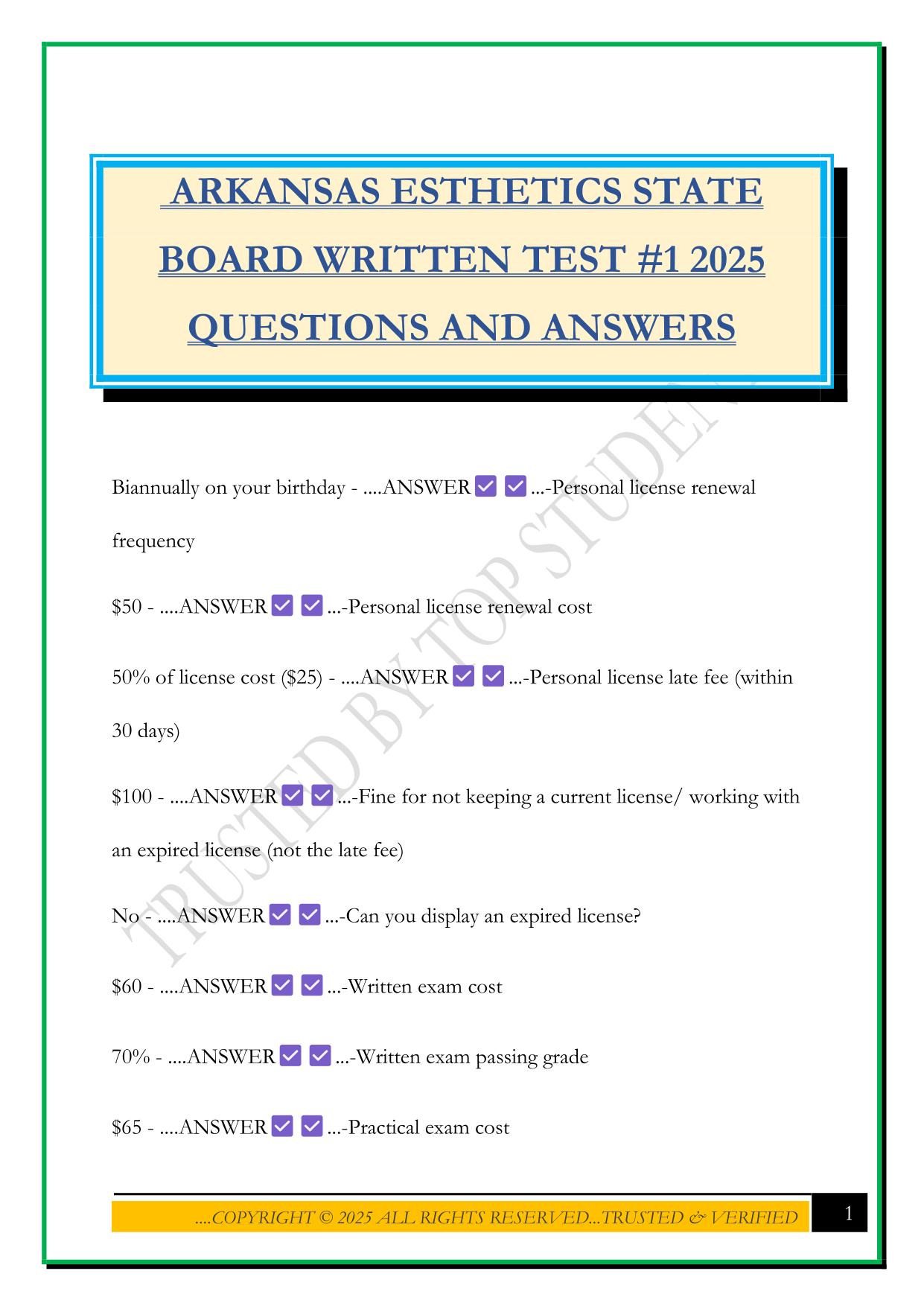 ARKANSAS ESTHETICS STATE BOARD WRITTEN TEST #1 2025 QUESTIONS AND ANSWERS