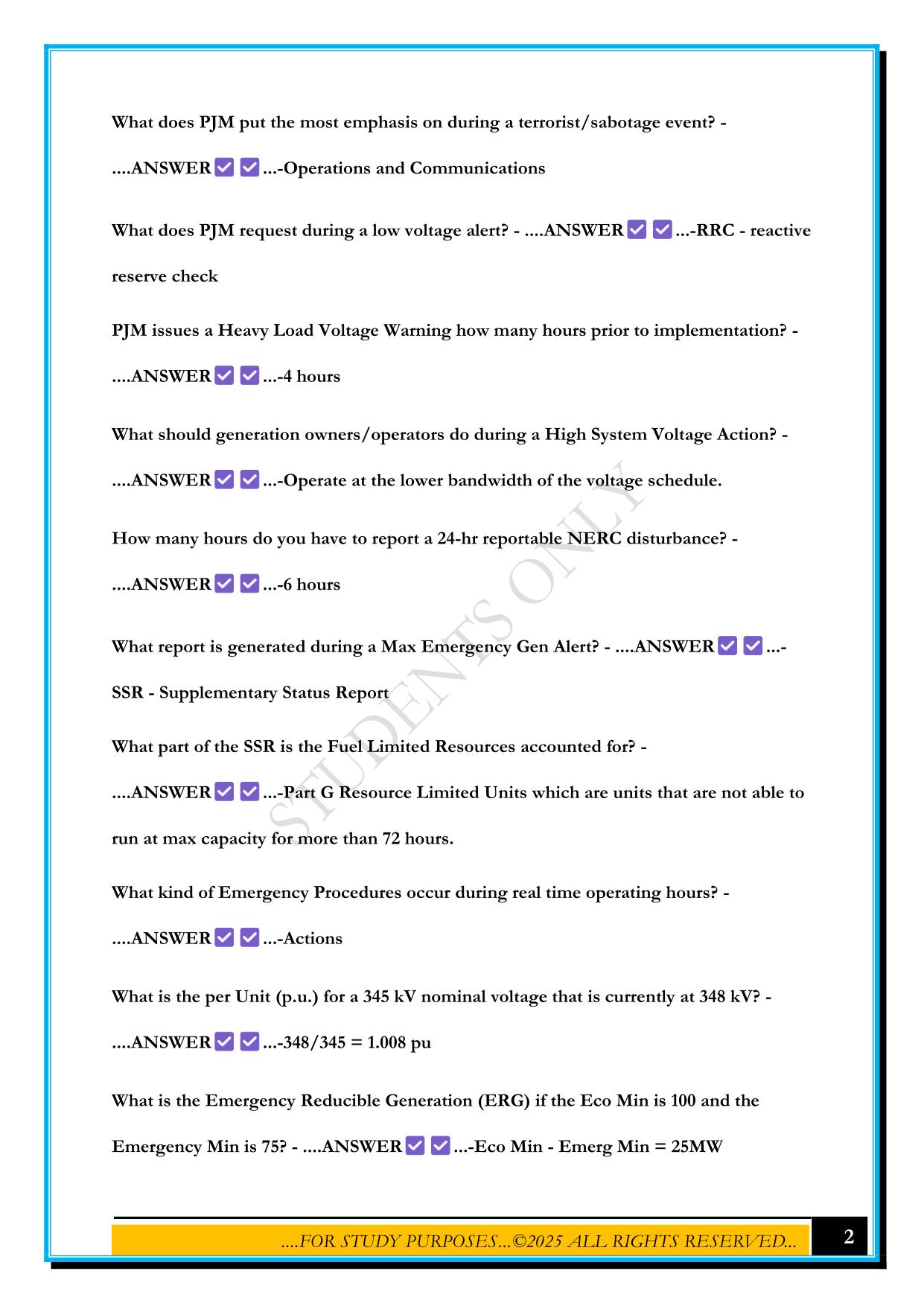 PJM GENERATION DISPATCHER EXAM PRACTICE 2025 QUESTIONS AND ANSWERS