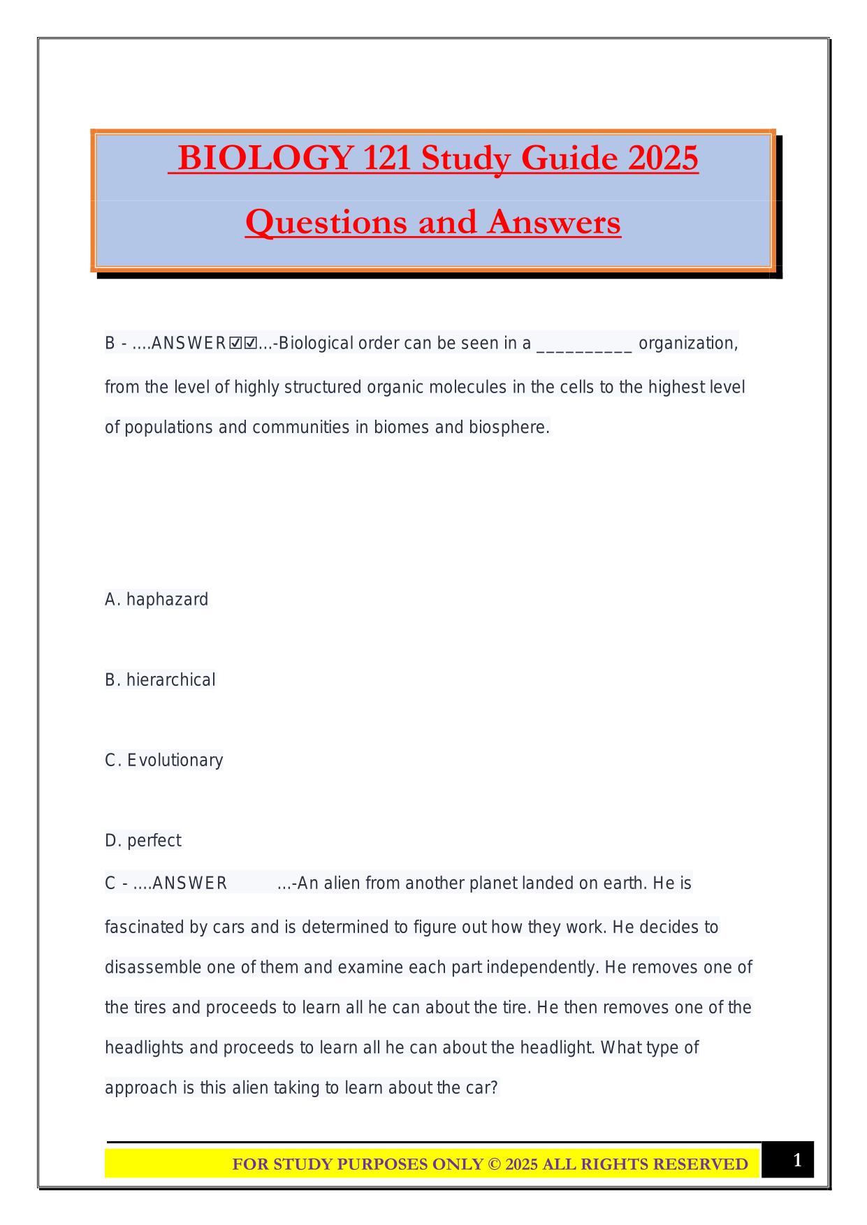 BIOLOGY 121 Study Guide 2025 Questions and Answers