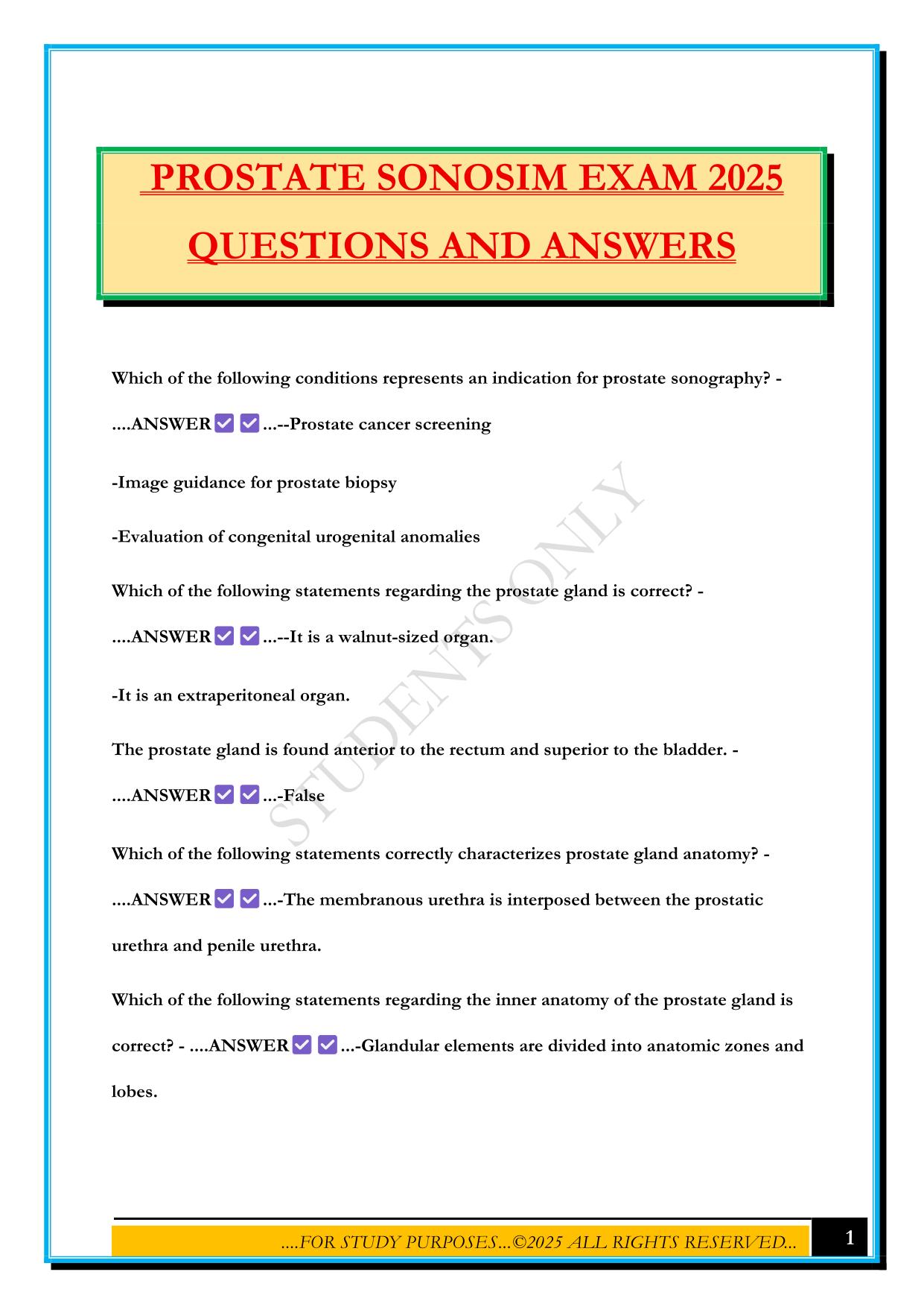 PROSTATE SONOSIM EXAM 2025 QUESTIONS AND ANSWERS