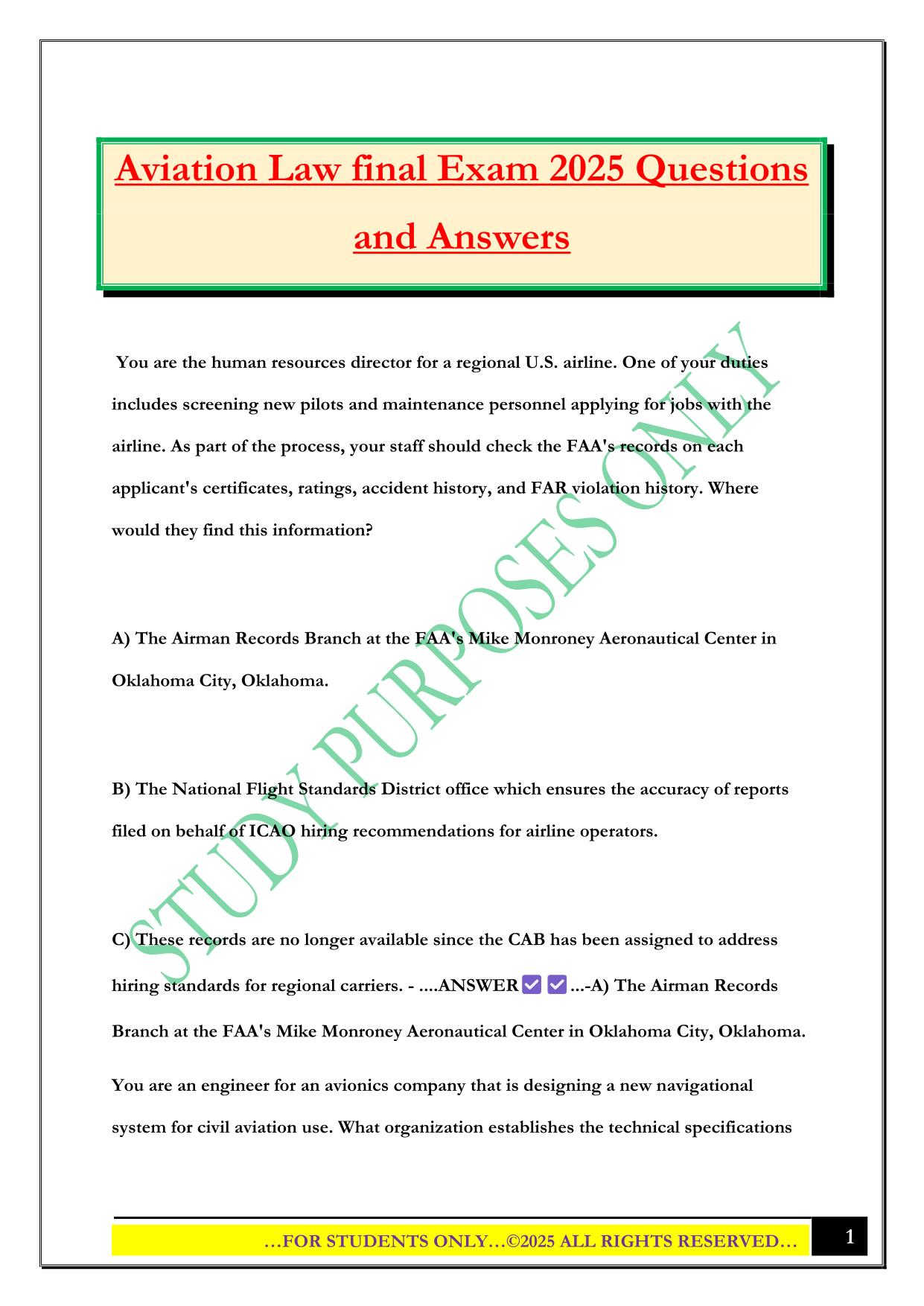 Aviation Law final Exam 2025 Questions and Answers