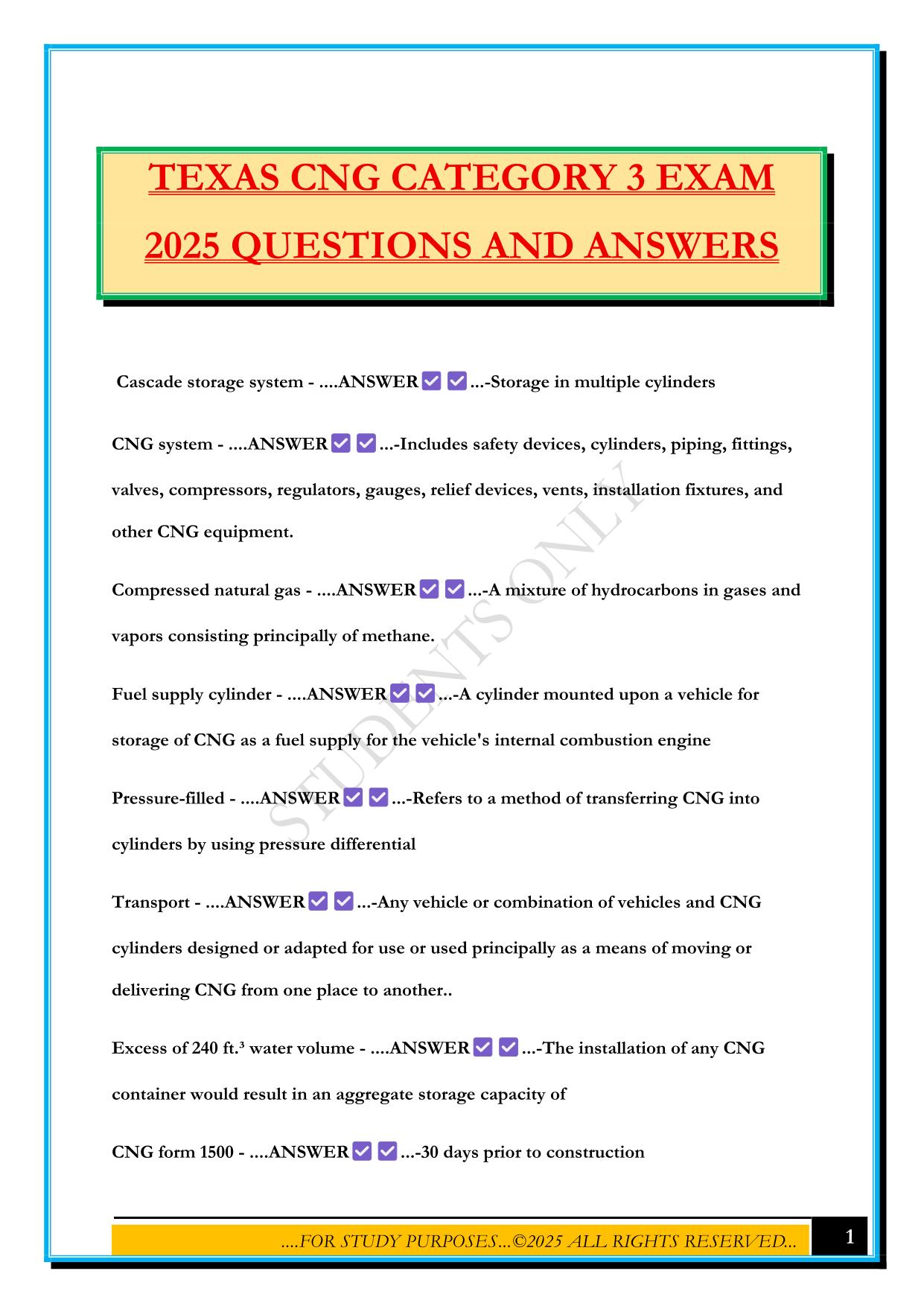 TEXAS CNG CATEGORY 3 EXAM 2025 QUESTIONS AND ANSWERS