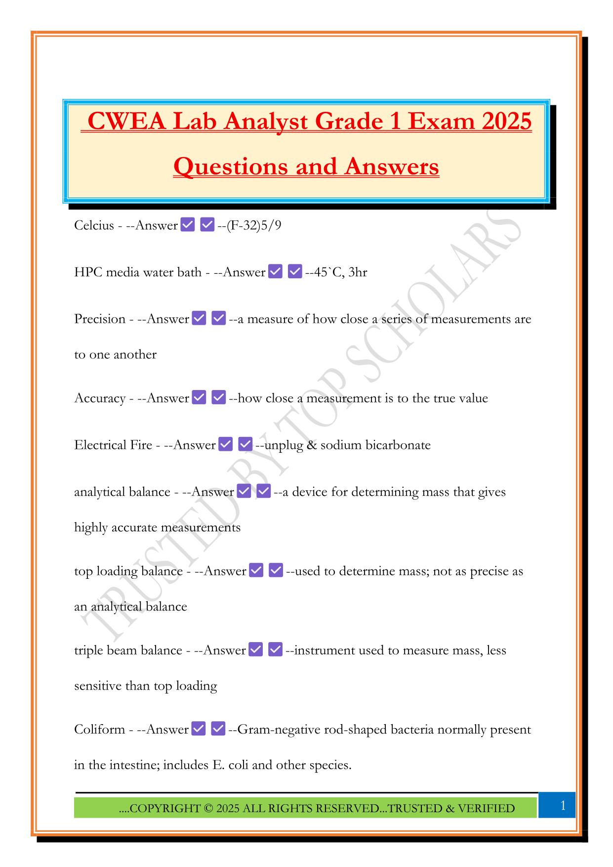 CWEA Lab Analyst Grade 1 Exam 2025 Questions and Answers