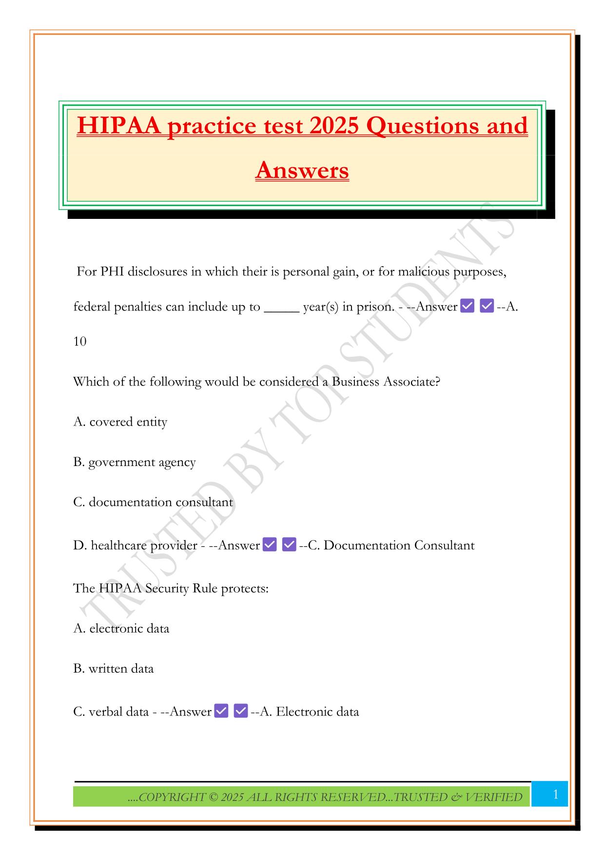 HIPAA practice test 2025 Questions and Answers