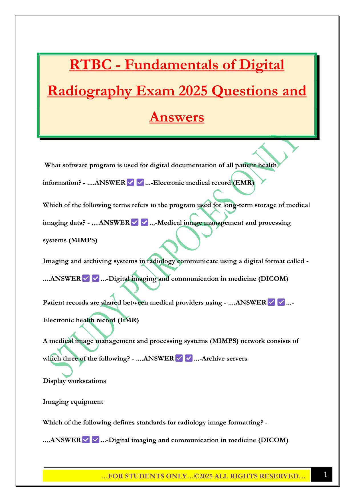 RTBC - Fundamentals of Digital Radiography Exam 2025 Questions and Answers