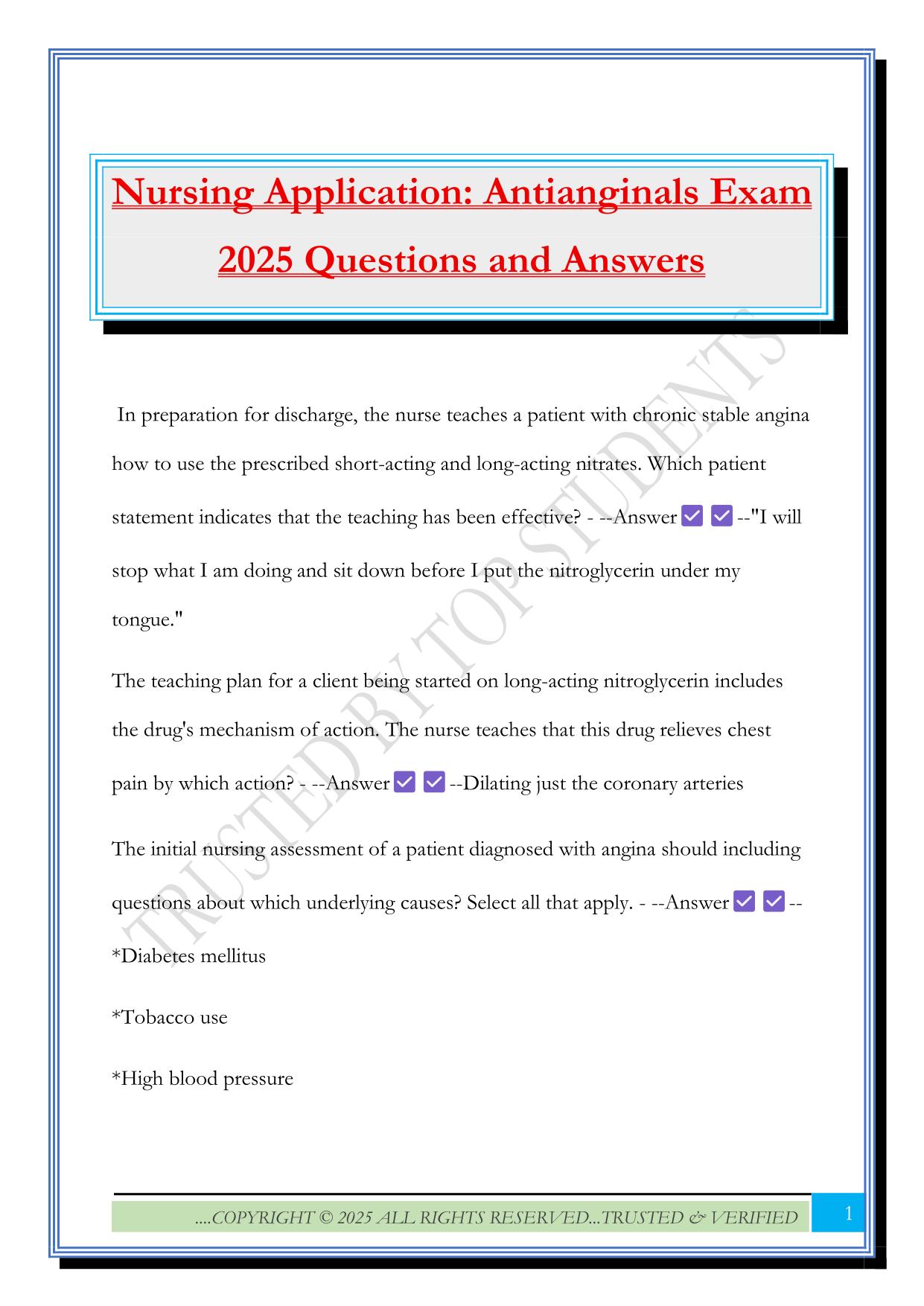 Nursing Application: Antianginals Exam 2025 Questions and Answers