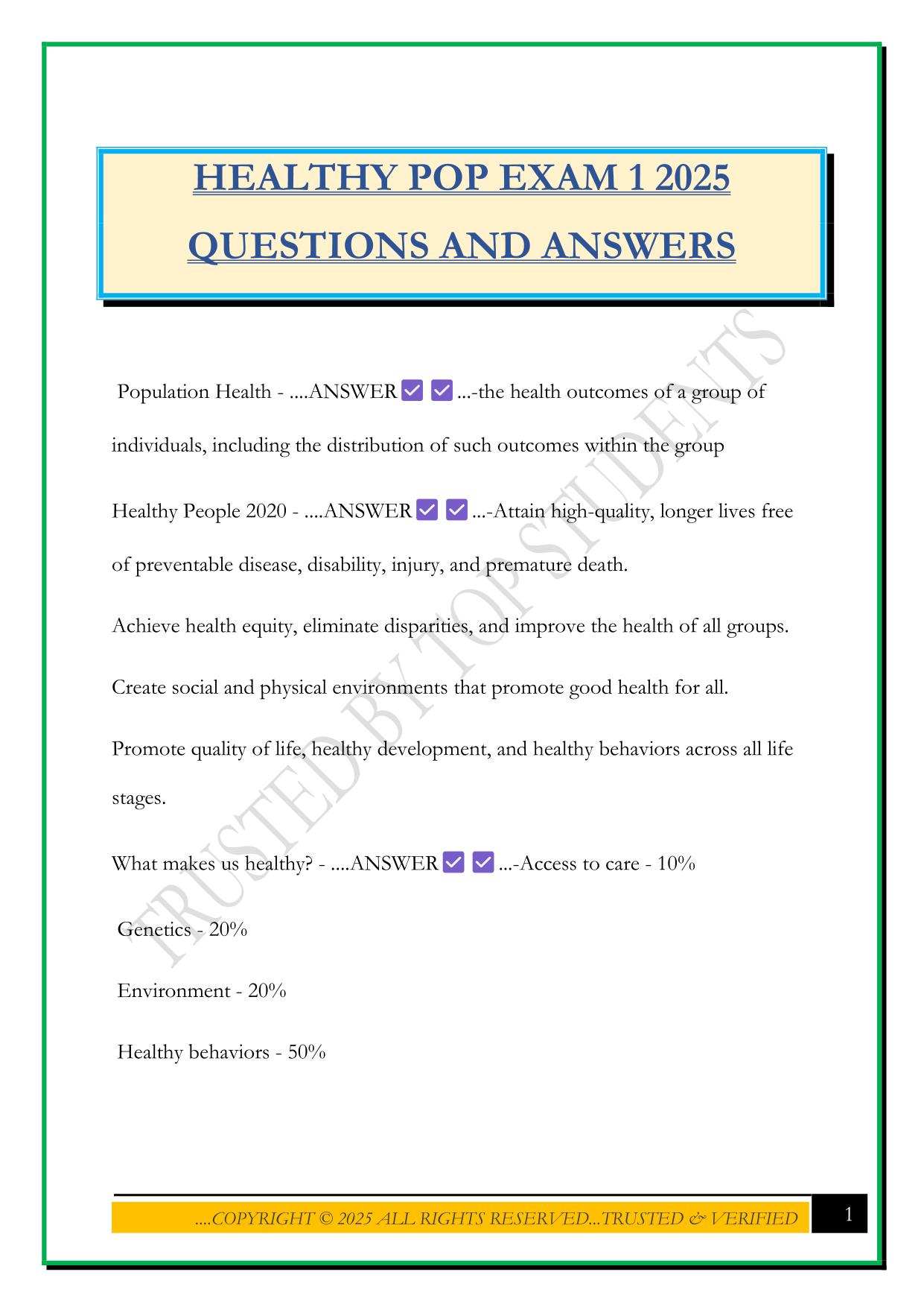 HEALTHY POP EXAM 1 2025 QUESTIONS AND ANSWERS