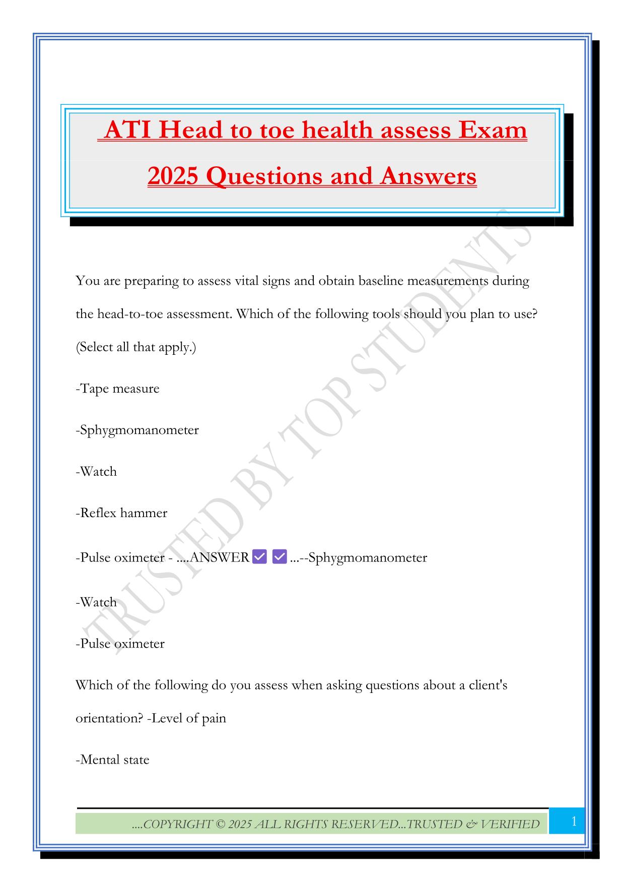 ATI Head to toe health assess Exam 2025 Questions and Answers