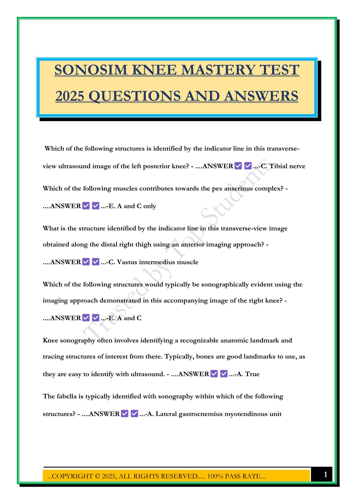 SONOSIM KNEE MASTERY TEST 2025 QUESTIONS AND ANSWERS