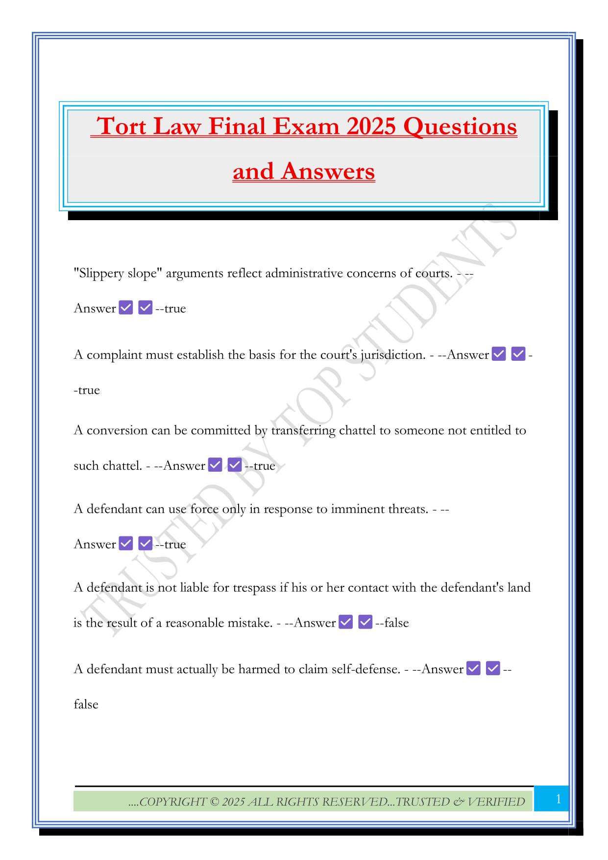 Tort Law Final Exam 2025 Questions and Answers