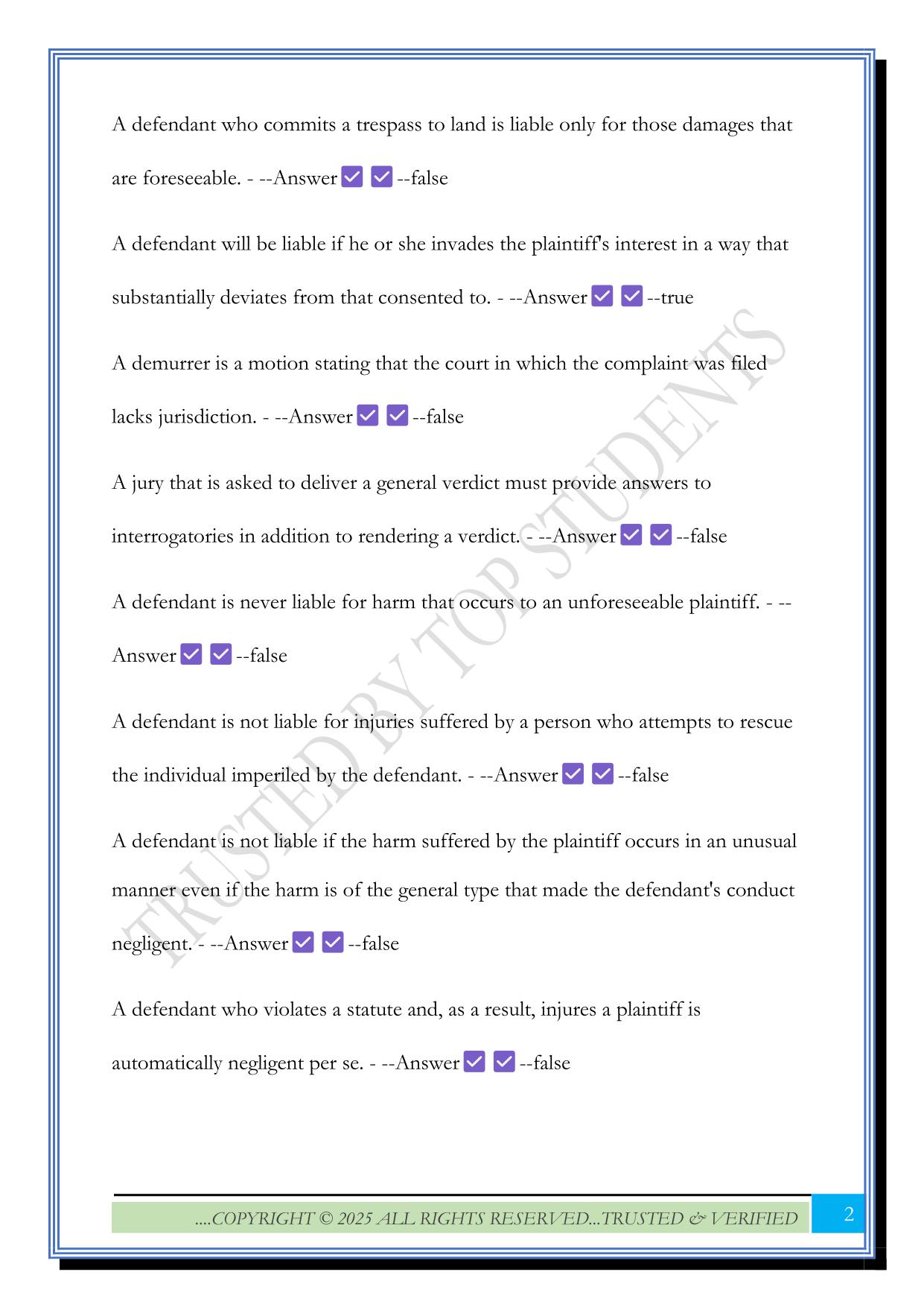 Tort Law Final Exam 2025 Questions and Answers