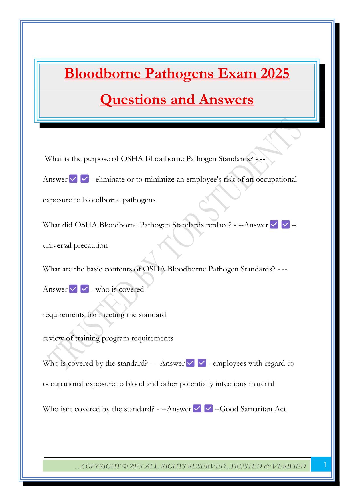 Bloodborne Pathogens Exam 2025 Questions and Answers