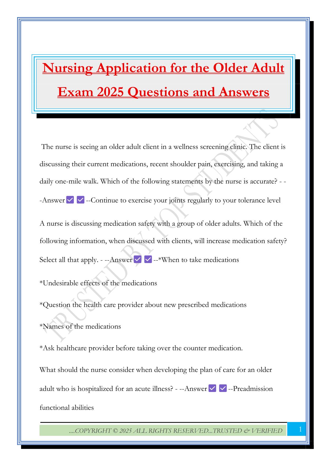 Nursing Application for the Older Adult Exam 2025 Questions and Answers