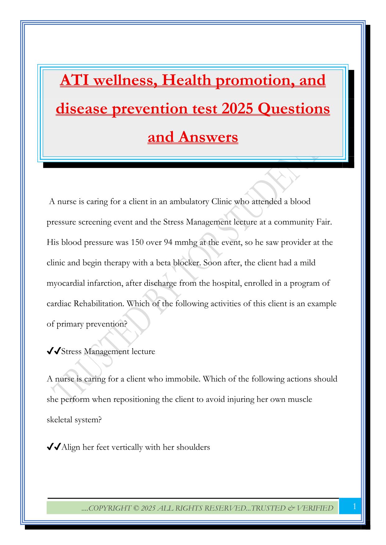 ATI wellness, Health promotion, and disease prevention test 2025 Questions and Answers