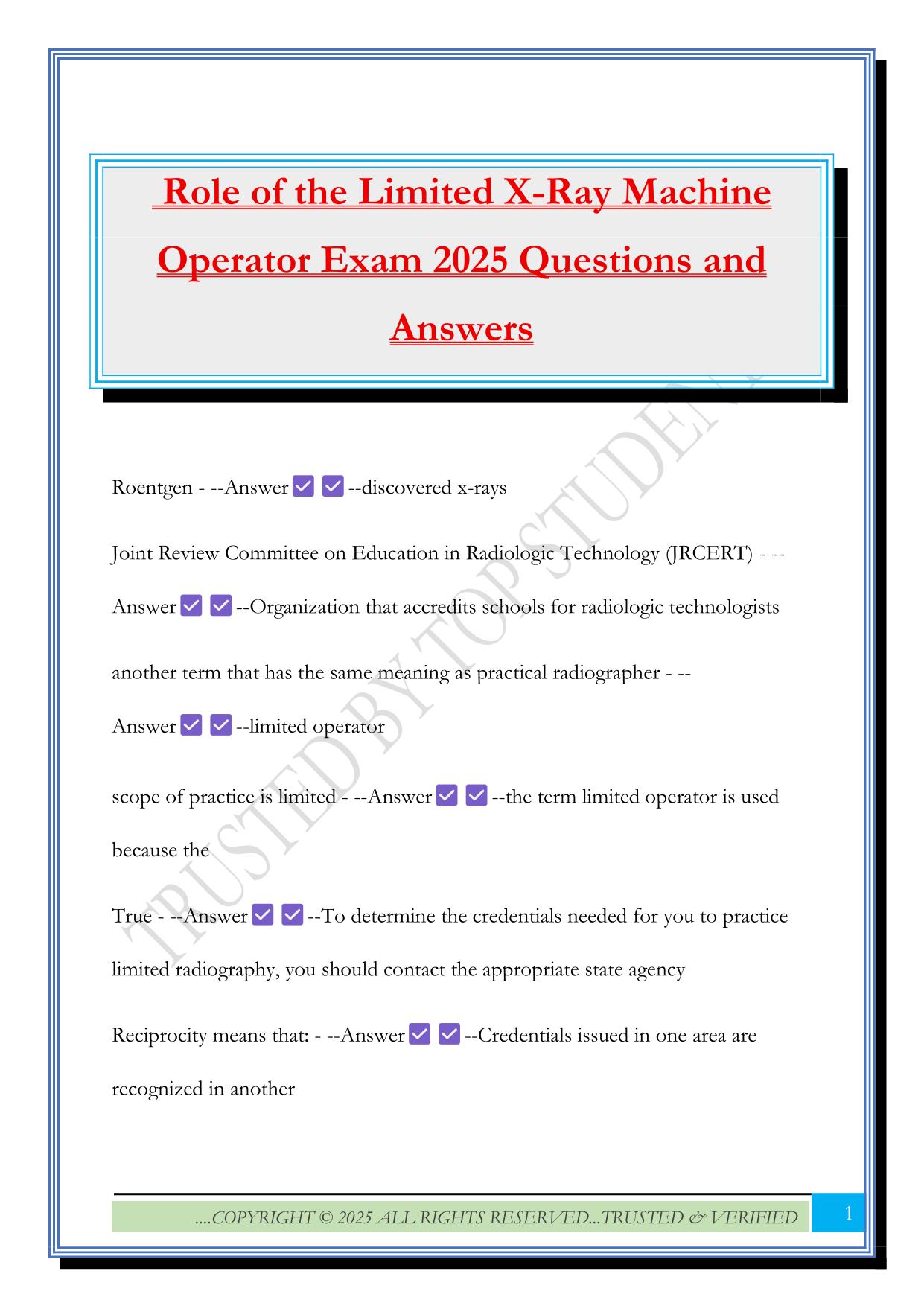 Role of the Limited X-Ray Machine Operator Exam 2025 Questions and Answers