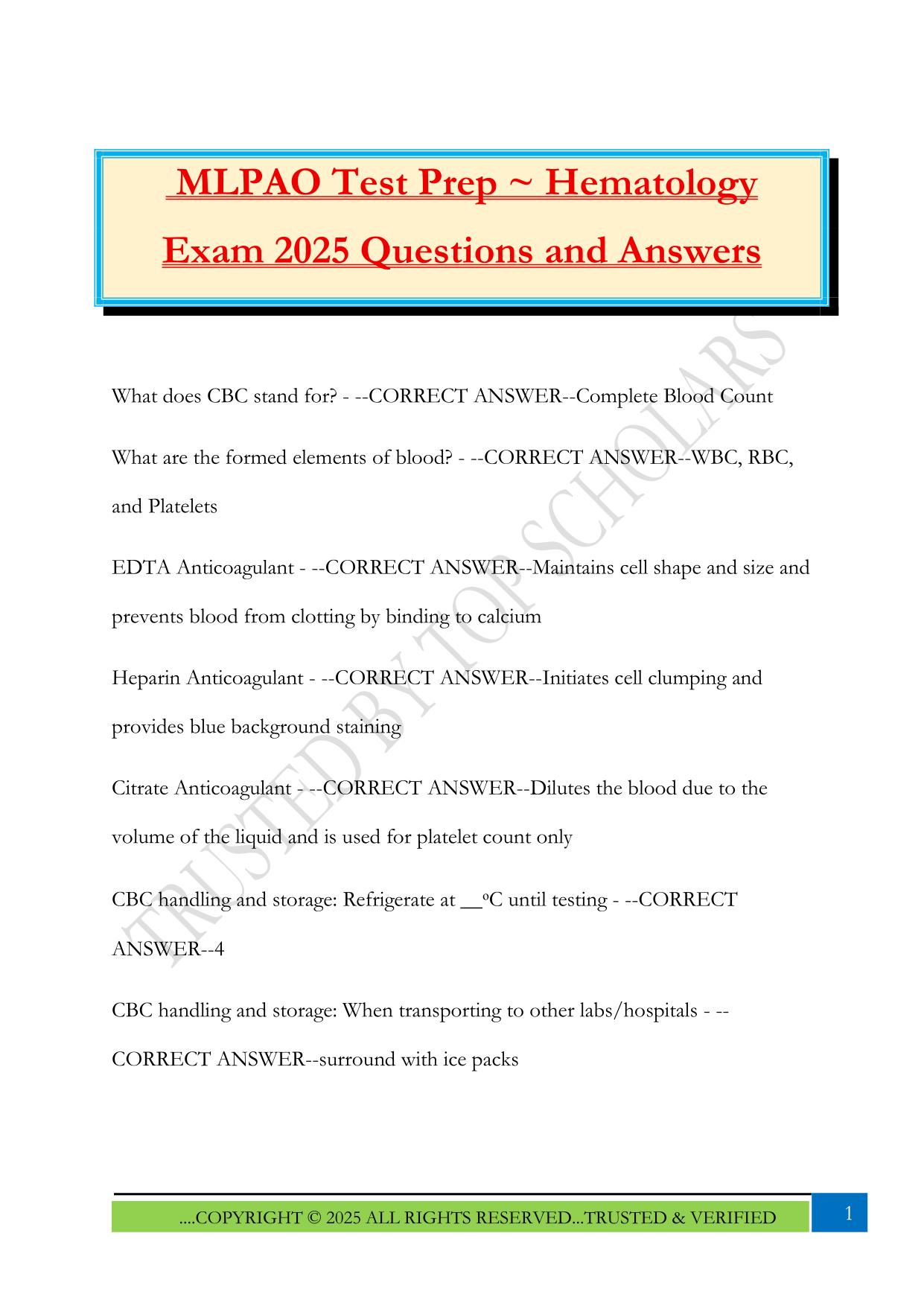 MLPAO Test Prep ~ Hematology Exam 2025 Questions and Answers