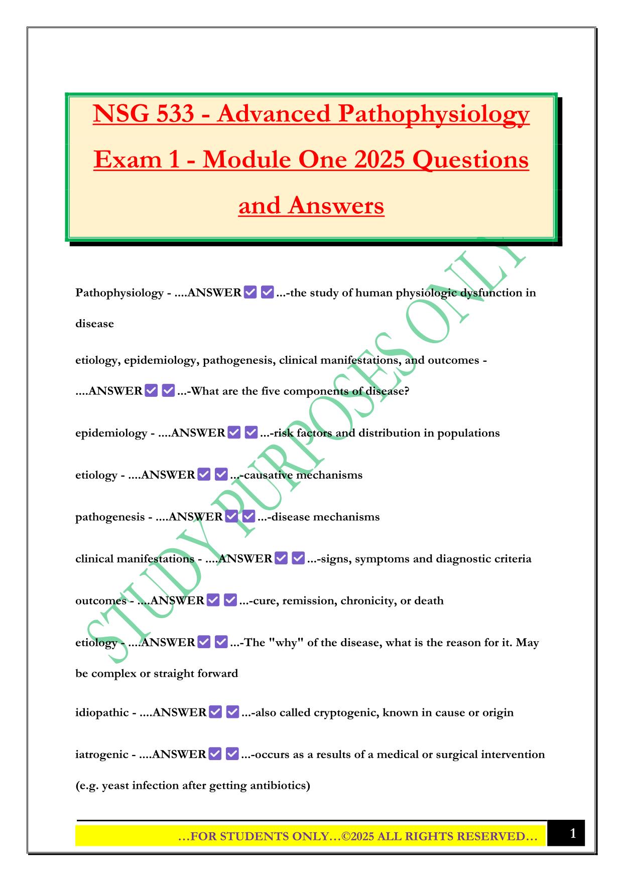 NSG 533 - Advanced Pathophysiology Exam 1 - Module One 2025 Questions and Answers