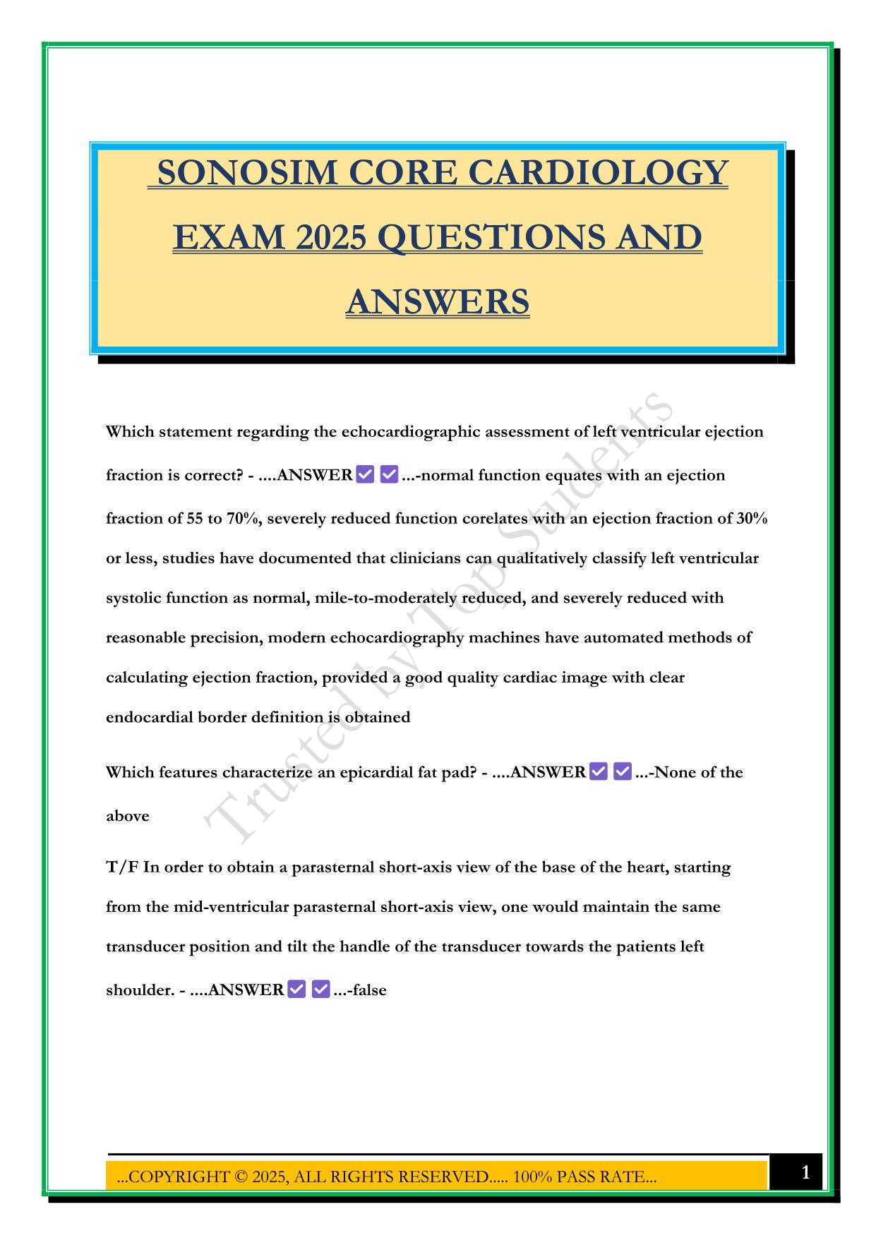 SONOSIM CORE CARDIOLOGY EXAM 2025 QUESTIONS AND ANSWERS