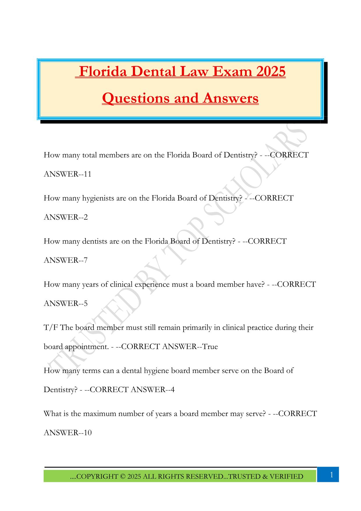 Florida Dental Law Exam 2025 Questions and Answers